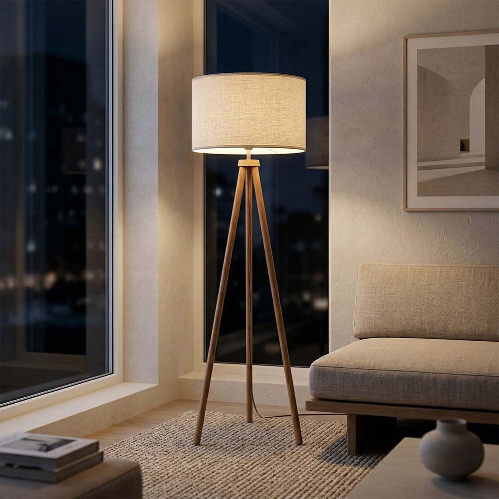 Lampa podłogowa tripod mid-century LED z żarówką E27 12W, abażur lniany, 3 barwy światła, włącznik nożny, do salonu sypialni biura