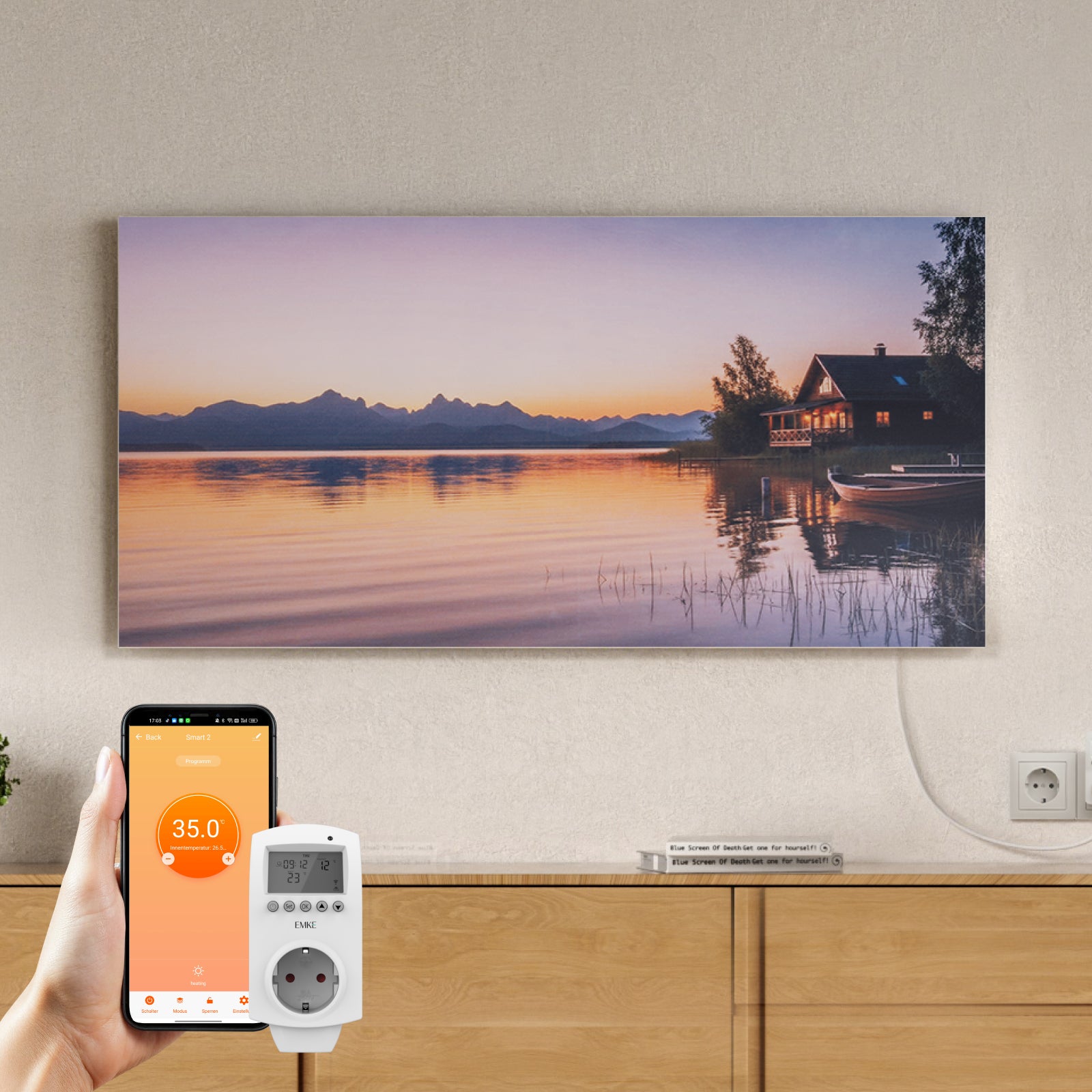 EMKE Grzejnik na podczerwień z grafiką 1200 W z programowalnym termostatem Wi-Fi, 119,5 x 59,5 cm, bez ramy