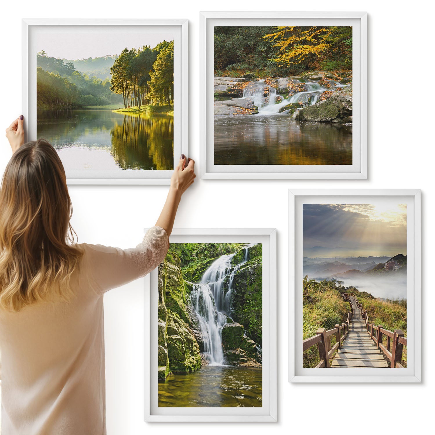 Galeria ścienna 4-częściowy komplet obrazów w białych ramach - Wodospady góry ścieżki w chmurach i jesienne widoki - ArtPrintCave