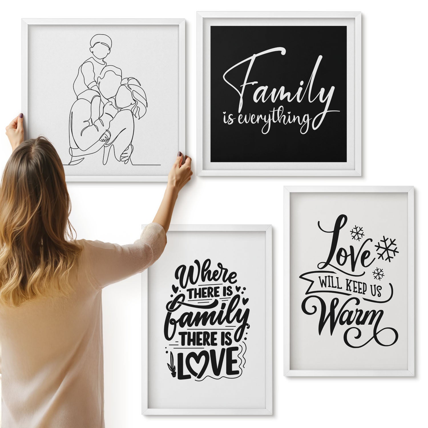 Galeria ścienna 4-częściowy komplet obrazów w białych ramach - Rodzina miłość ciepło domowe napisy inspirujące - ArtPrintCave