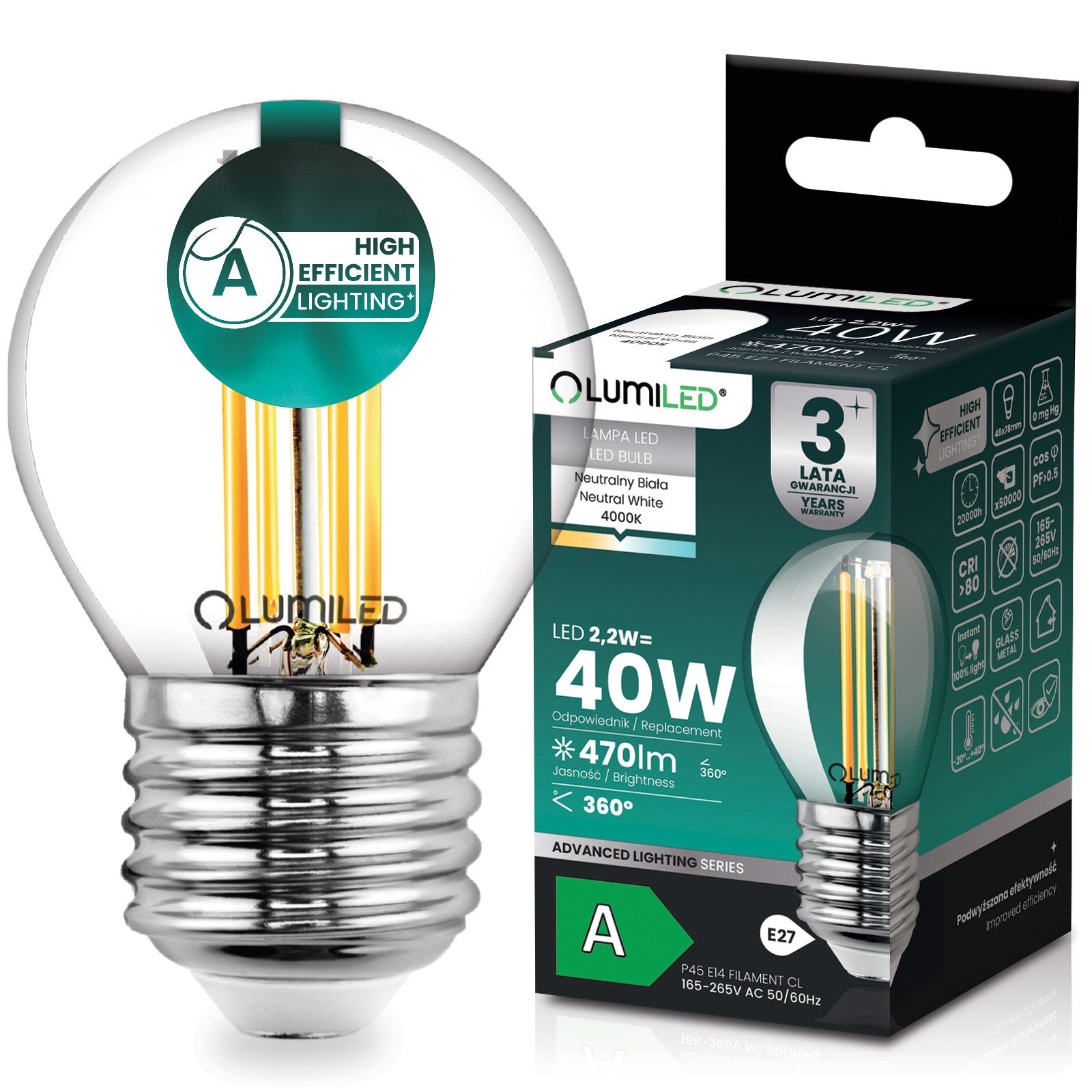 Żarówka LED Lumiled E27 Kulka P45 2.2 W 470 lm 4000K Neutralna biel 360st Filament KLASA A