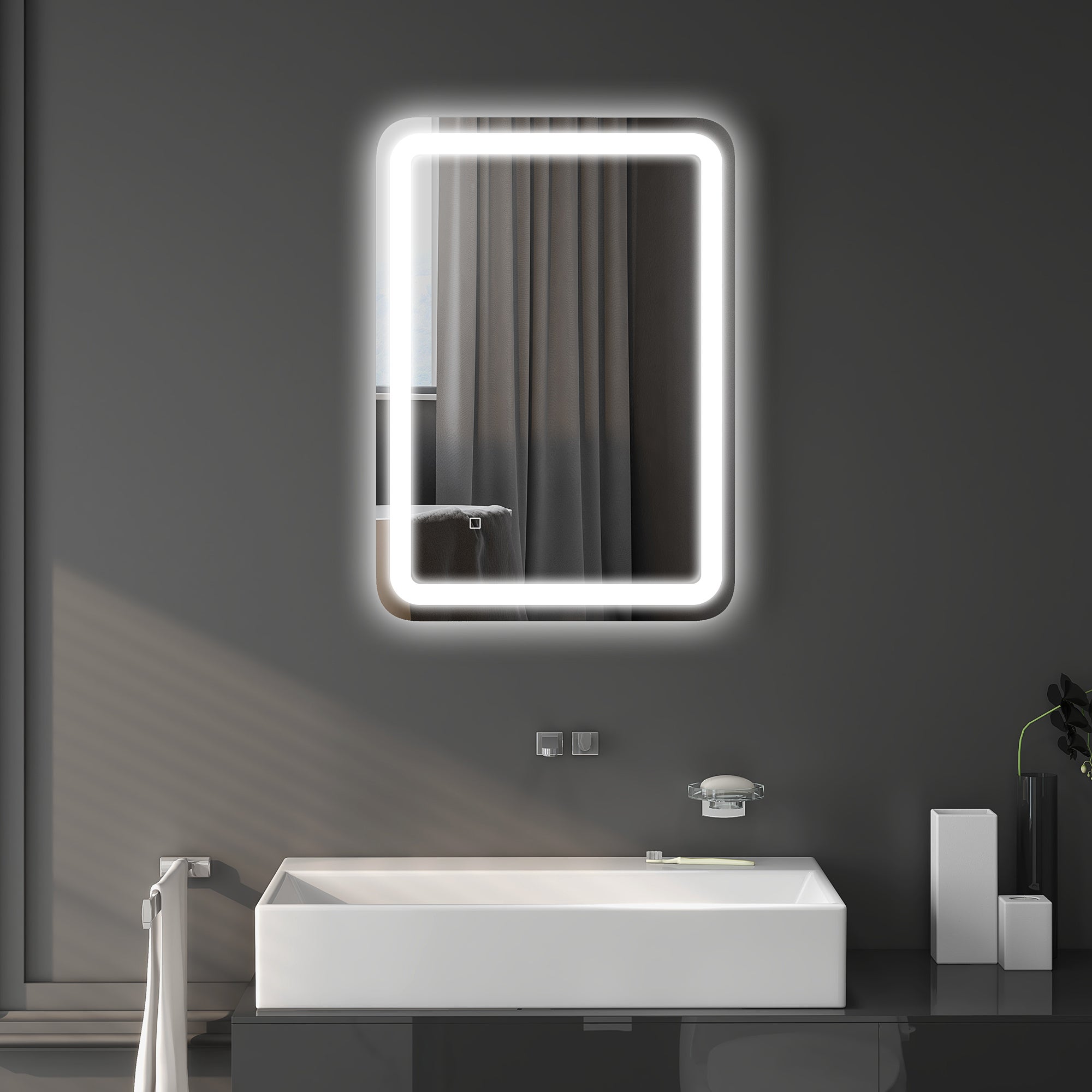 Lustro łazienkowe LED prostokątne przeciwmgielne regulowana jasność z pamięcią 70x50 cm srebrne do łazienki