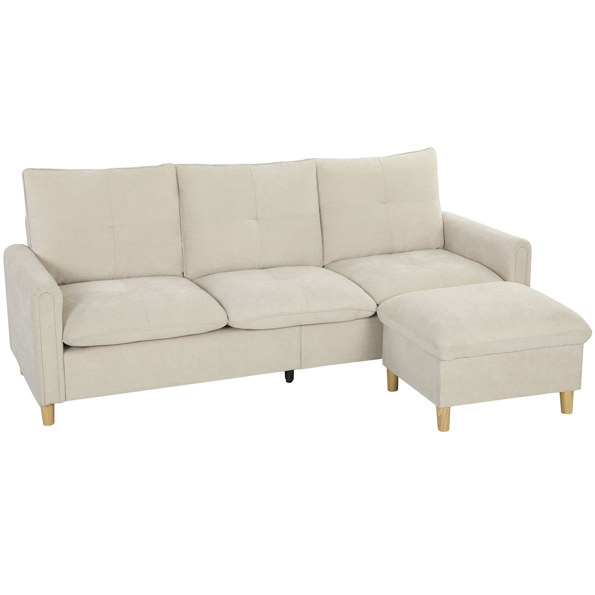 Sofa 3-osobowa z pufem ze schowkiem, narożnik modułowy 210 cm, szerokie siedzisko, tkanina imitująca len, kremowy