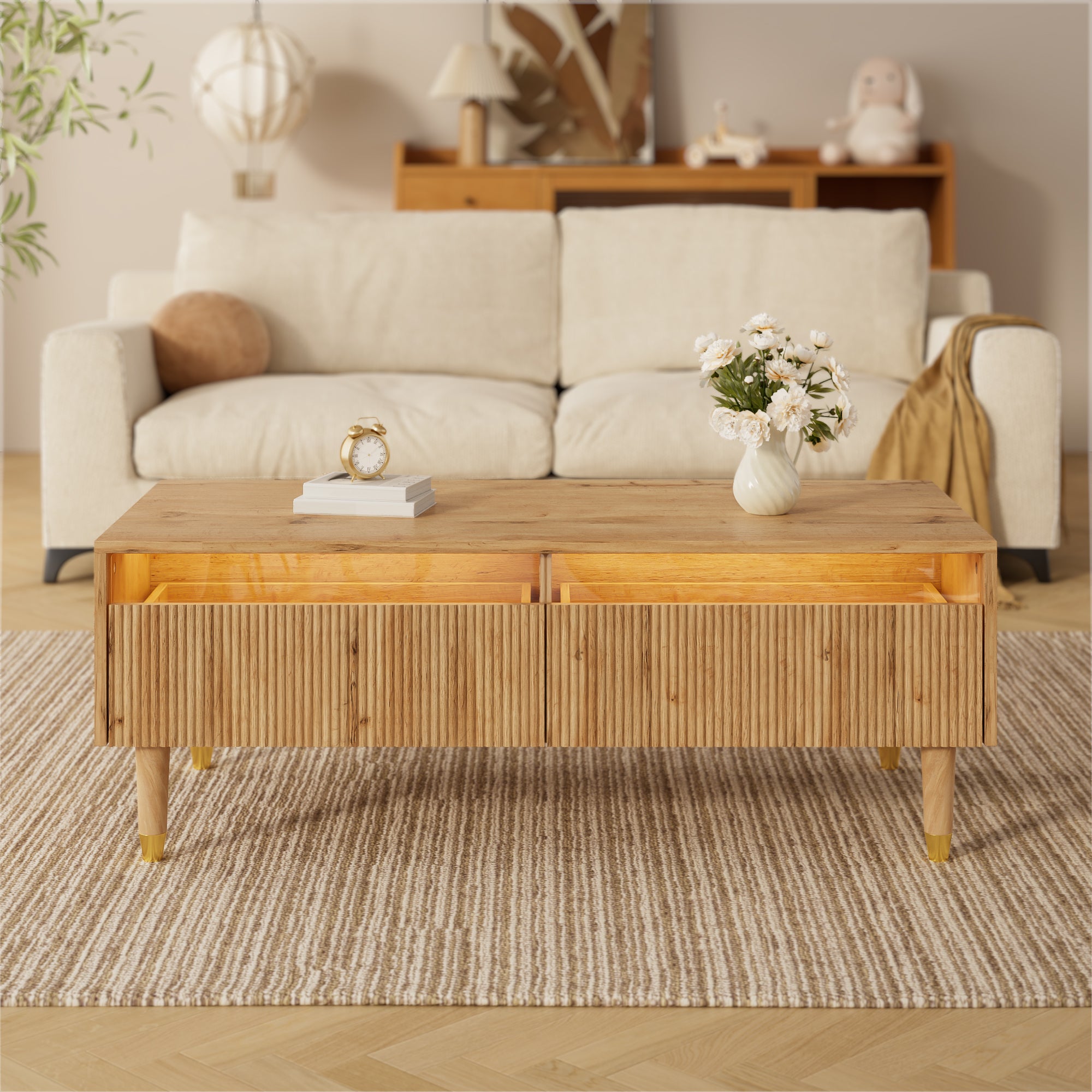 Nowoczesny stolik kawowy 110×50×40 cm - z oświetleniem LED - 2 szuflady - naturalny