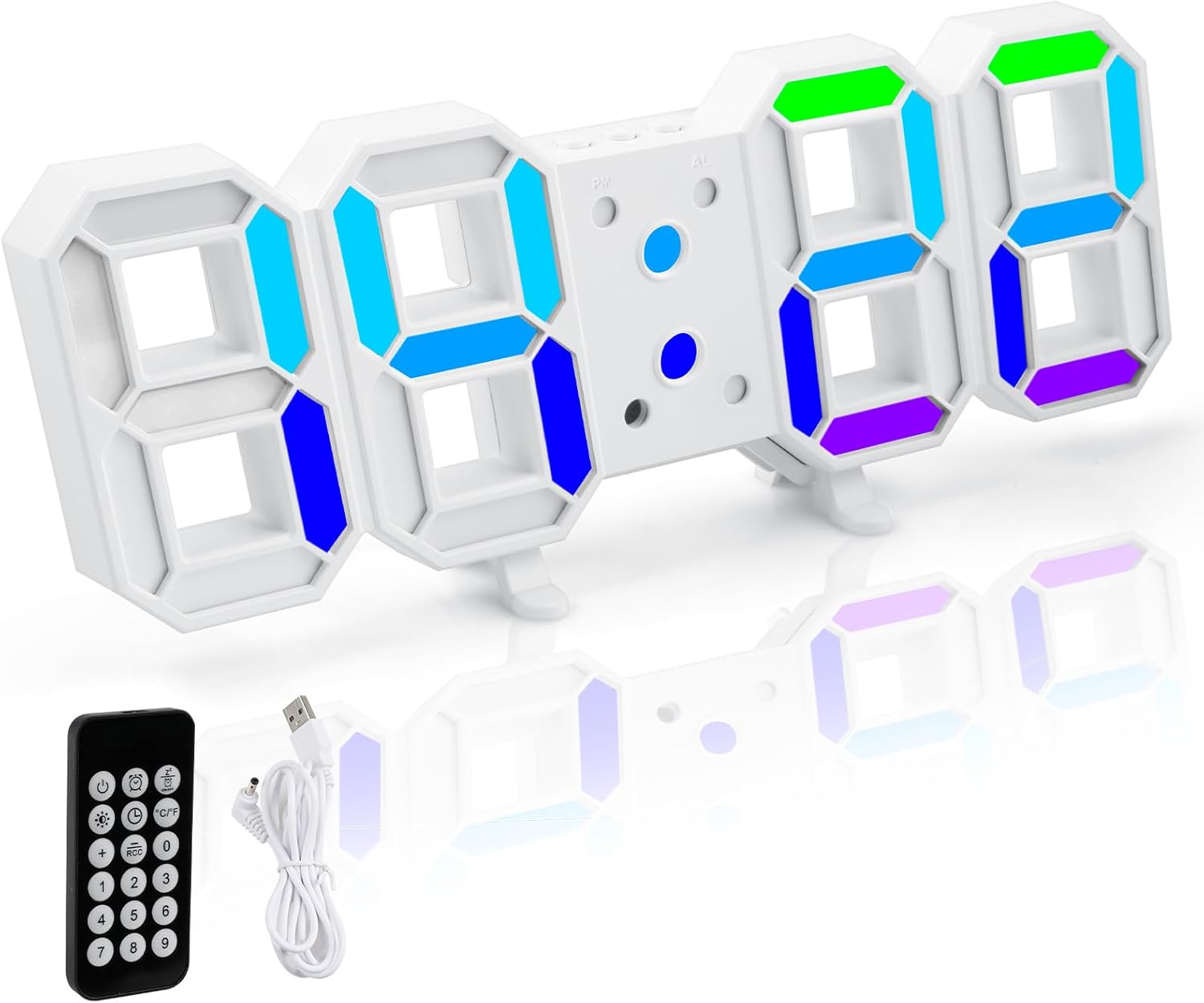 Zegar cyfrowy, cyfrowy zegar ścienny, elektroniczny budzik z oświetleniem, dioda LED 7 kolorów RGB, wyświetlacz czasu 12/24-godzinny, tryb uśpienia z