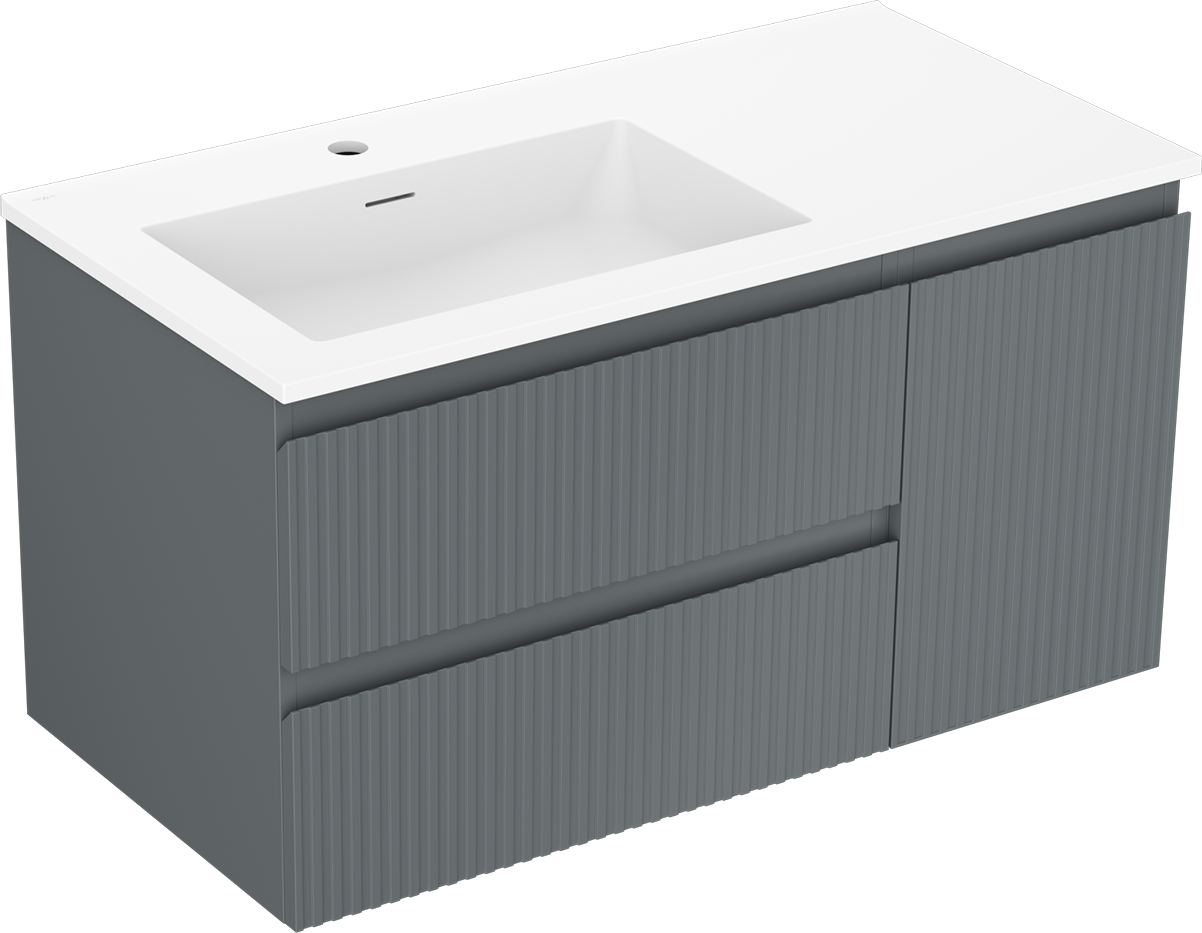 Mexen Rivel szafka łazienkowa 90 cm z umywalką Otis lewą, 2S, 1D, ryflowana, grafit mat/biała mat - 91A23-09047-3-BBFFF66-W18L01
