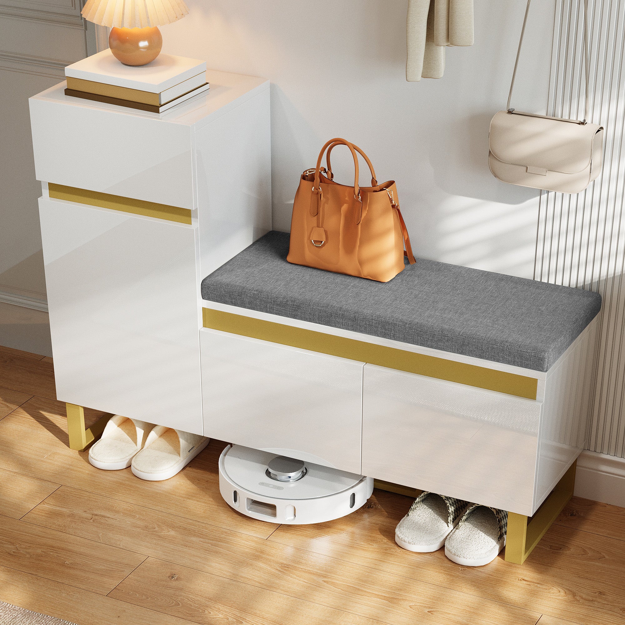 Szafa na buty 120x35x85 cm - 1 szuflada i 3 fronty - z pikowaną ławką na buty - Biały