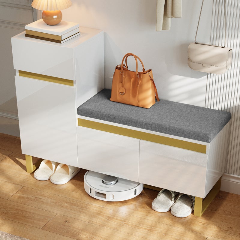 Szafa na buty 120x35x85 cm - 1 szuflada i 3 fronty - z pikowaną ławką na buty - Biały