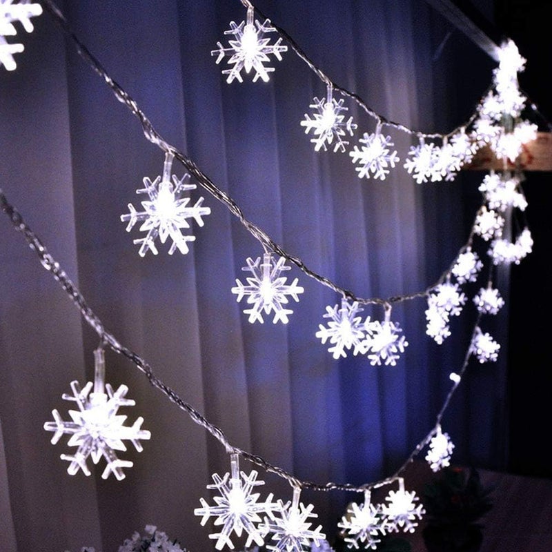 Białe diody LED w kształcie płatków śniegu, wodoodporne, 6 m (20 stóp), 40 diod LED, zasilane bateriami, do sypialni, przedpokoju, na patio, do ogrod