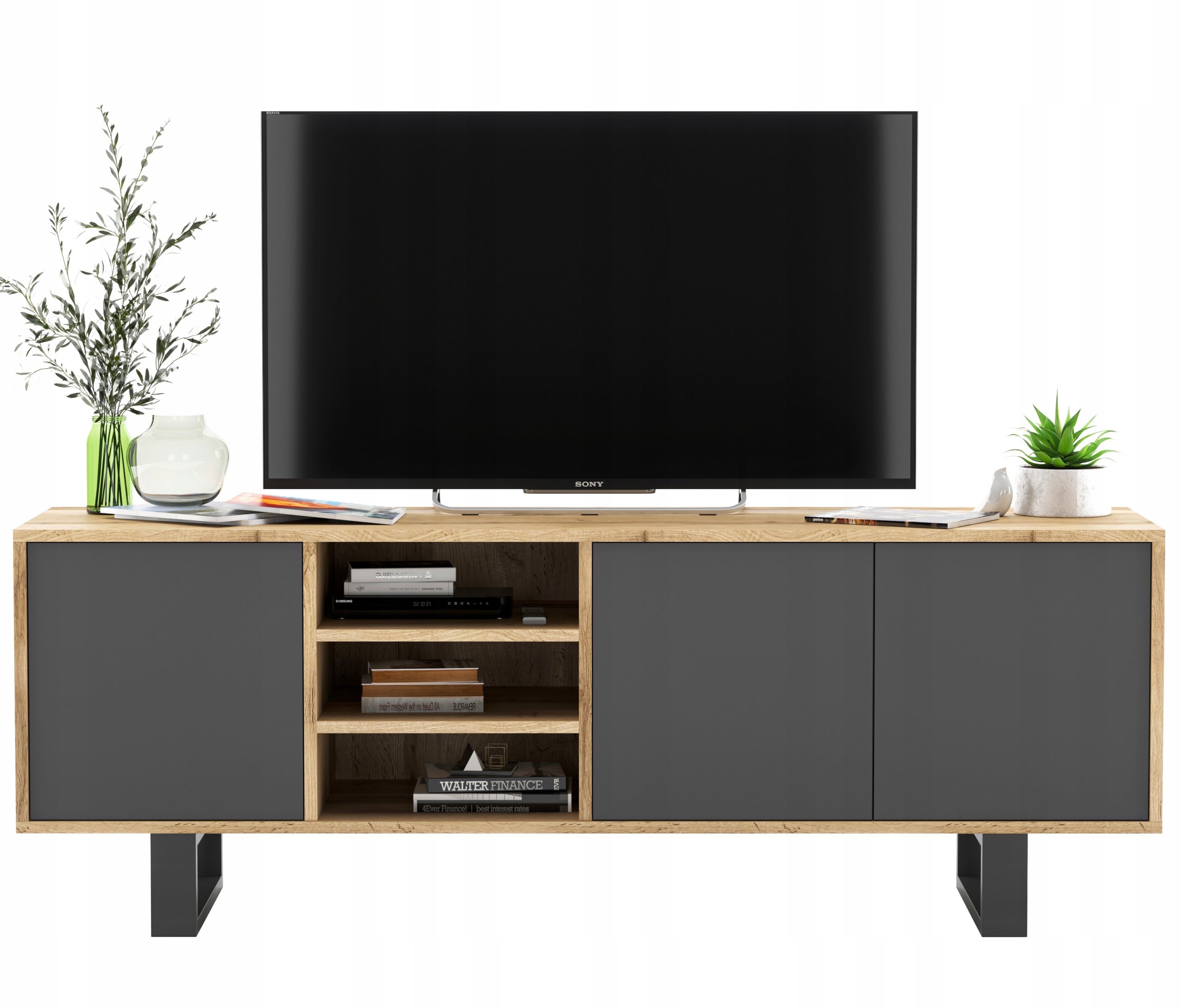 Komoda RTV Loft dąb wotan grafit mat, nowoczesna szafka pod telewizor do salonu