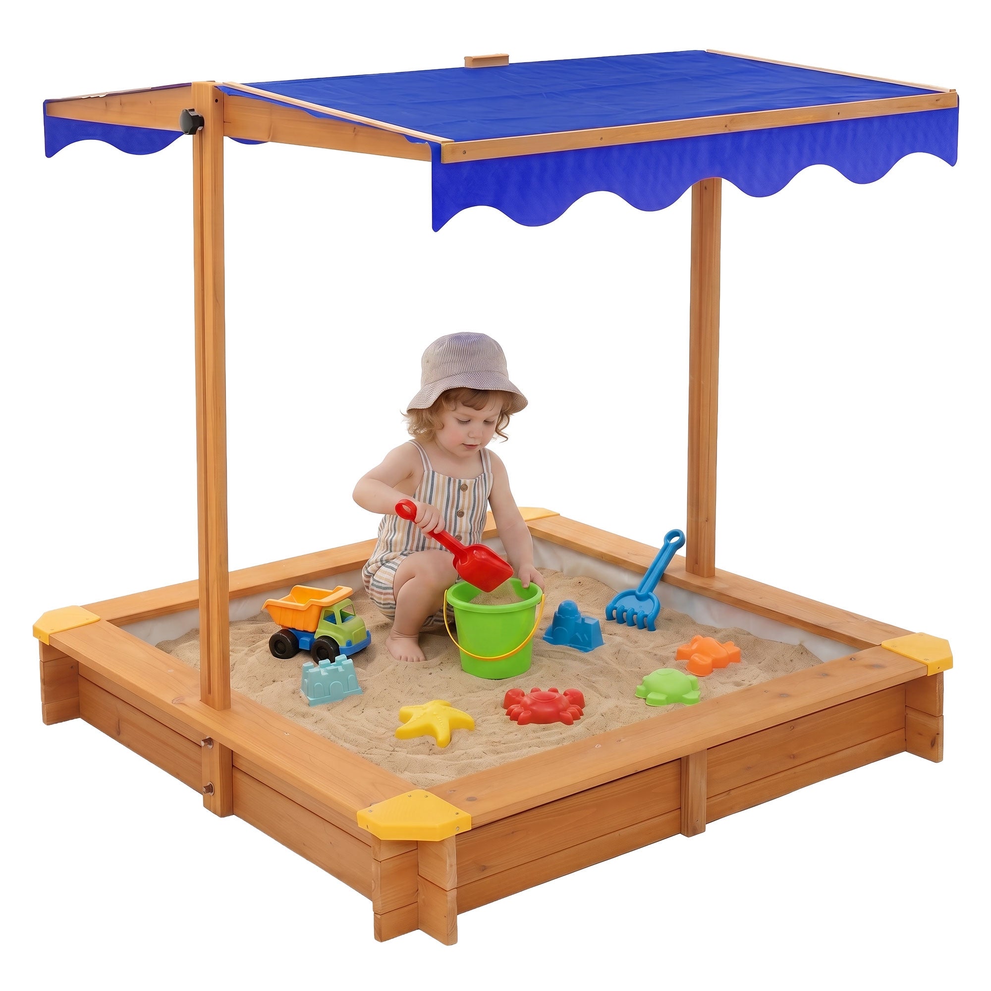 ML-Design Drewniana piaskownica z daszkiem 118x118 cm, sandkista z litego drewna z ochrona UV 50 e geowloknina, bezpieczna zabawka ogrodowa dla dzieci