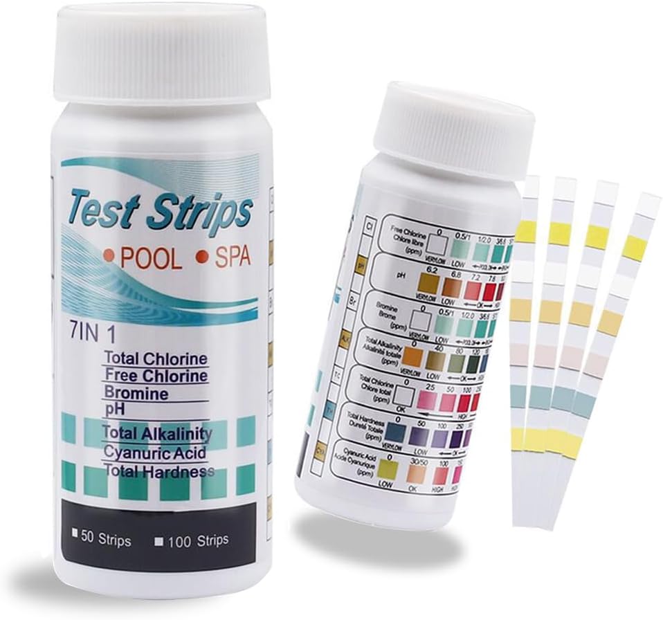 Tester wody do basenu i spa 7 w 1, 100 pasków testowych do basenu, paski testowe do basenu, test chloru i pH, test bromu, test twardości całkowitej