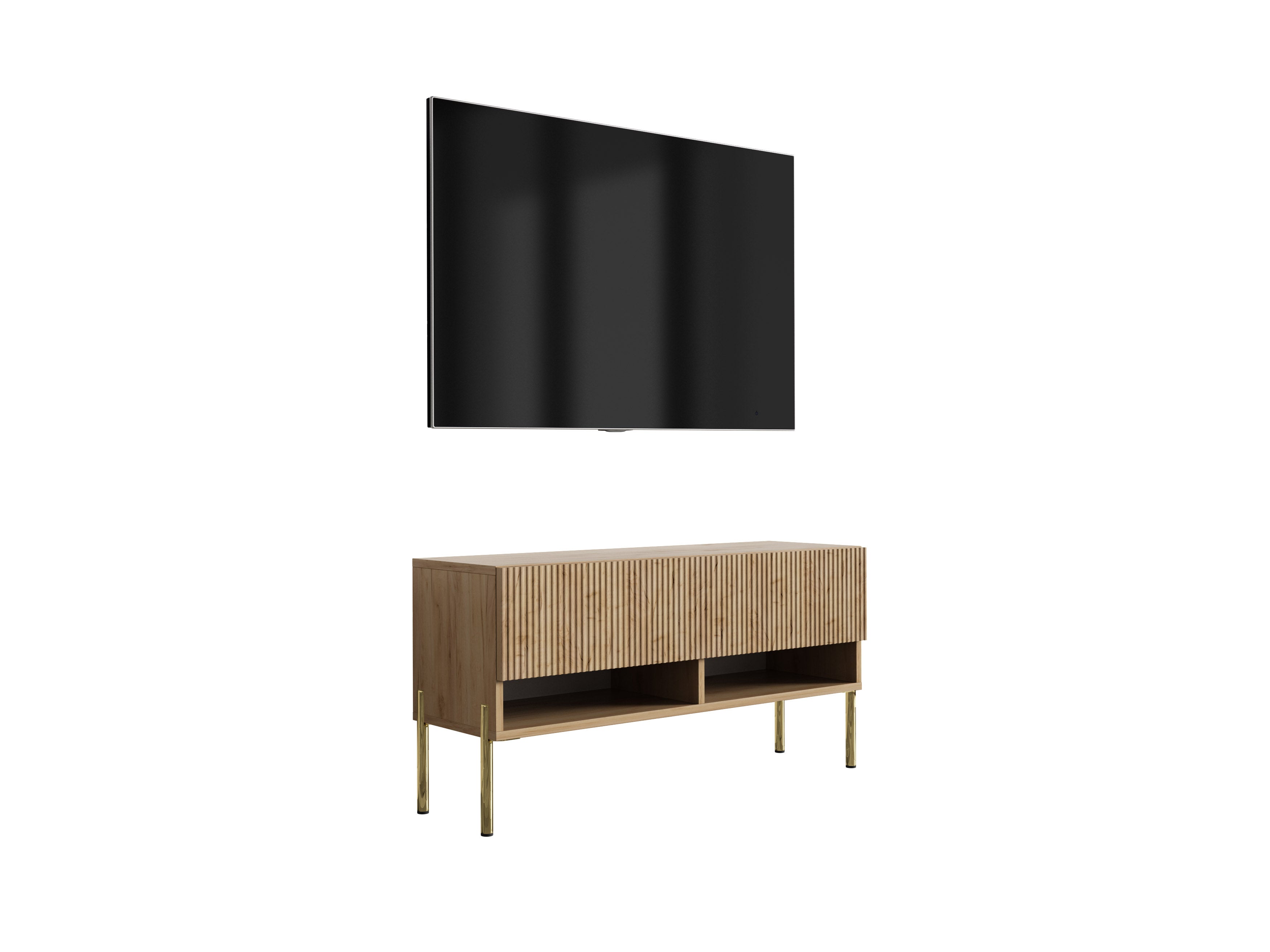 Szafka pod telewizor z ryflowanym frontem 100, Dąb Craft, nóżki proste złote, 100 × 32 × 52 cm