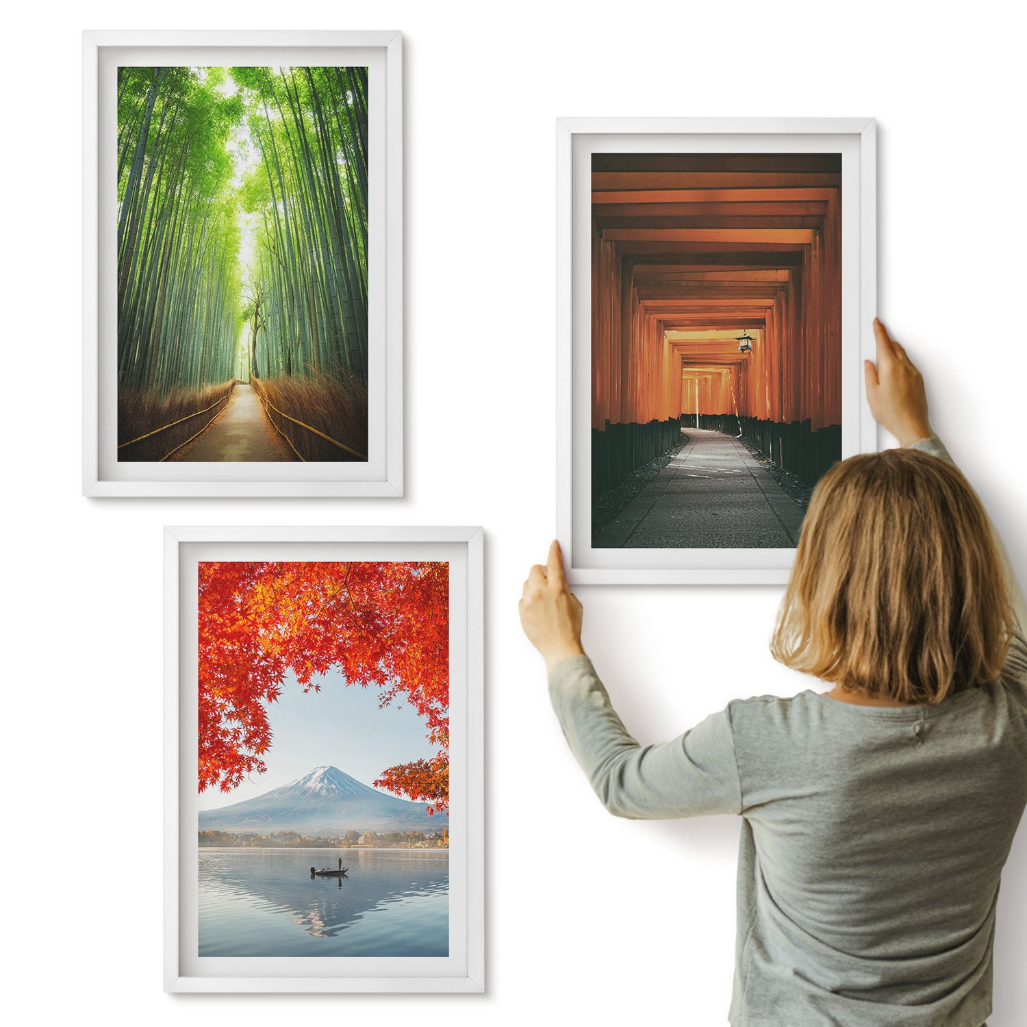 Galeria ścienna 3-częściowy komplet obrazów w białych ramach - Las bambusowy góra Fuji ścieżka torii krajobrazy Japonii - ArtPrintCave