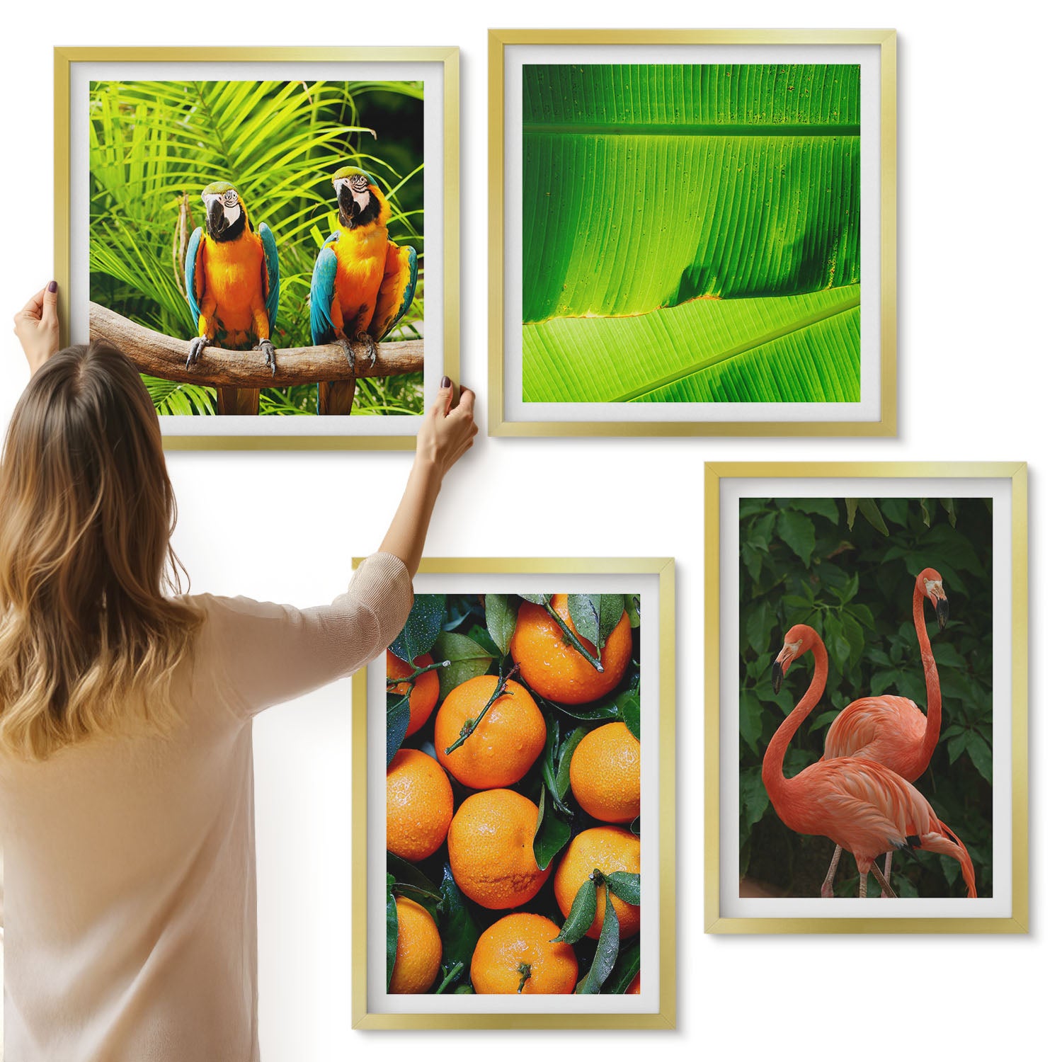 Galeria ścienna 4-częściowy komplet obrazów w złotych ramach - Owocowe akcenty z papugami i flamingami w tropikach - ArtPrintCave