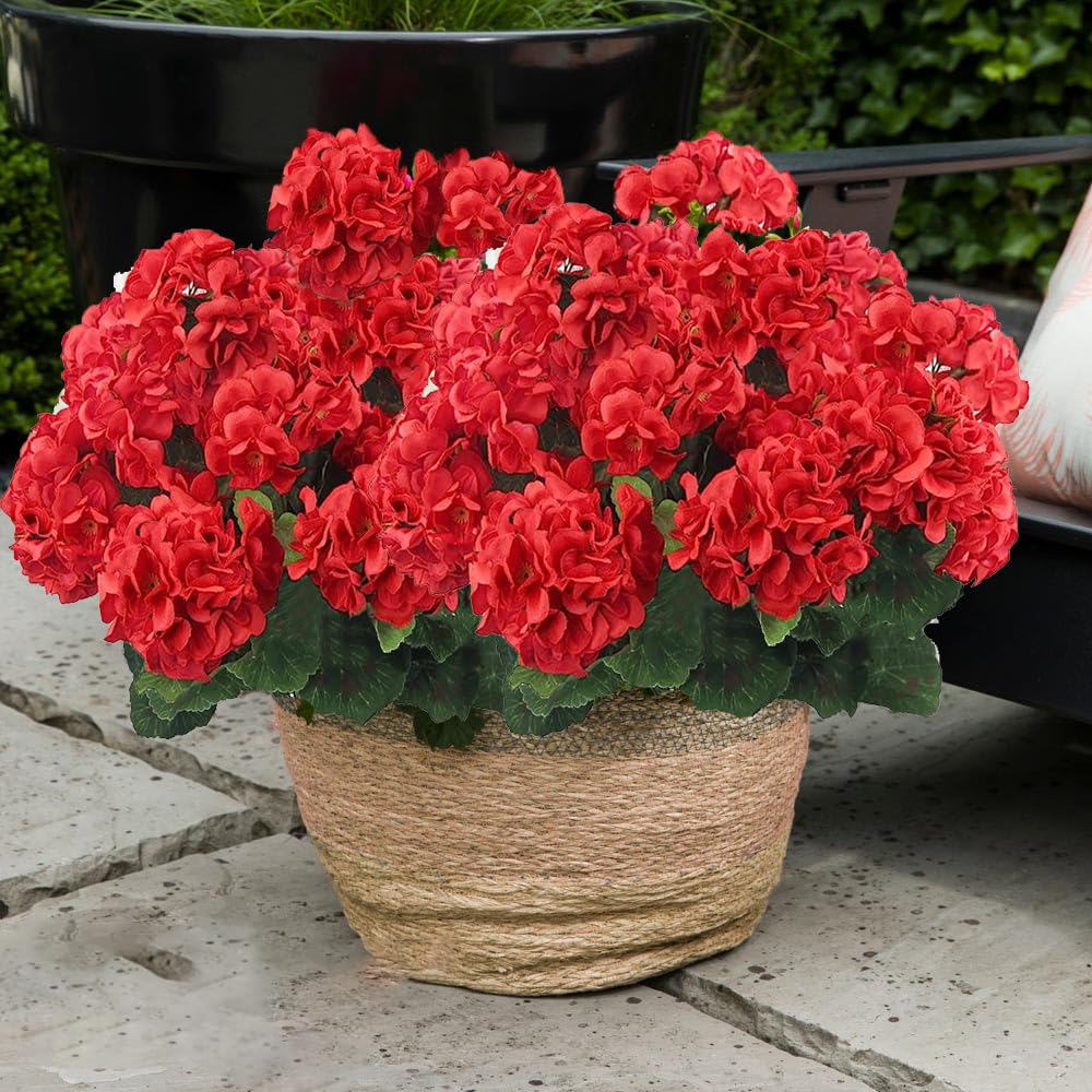 Zestaw 4 sztucznych kwiatów do użytku zewnętrznego, sztuczne pelargonie odporne na promieniowanie UV, czerwone