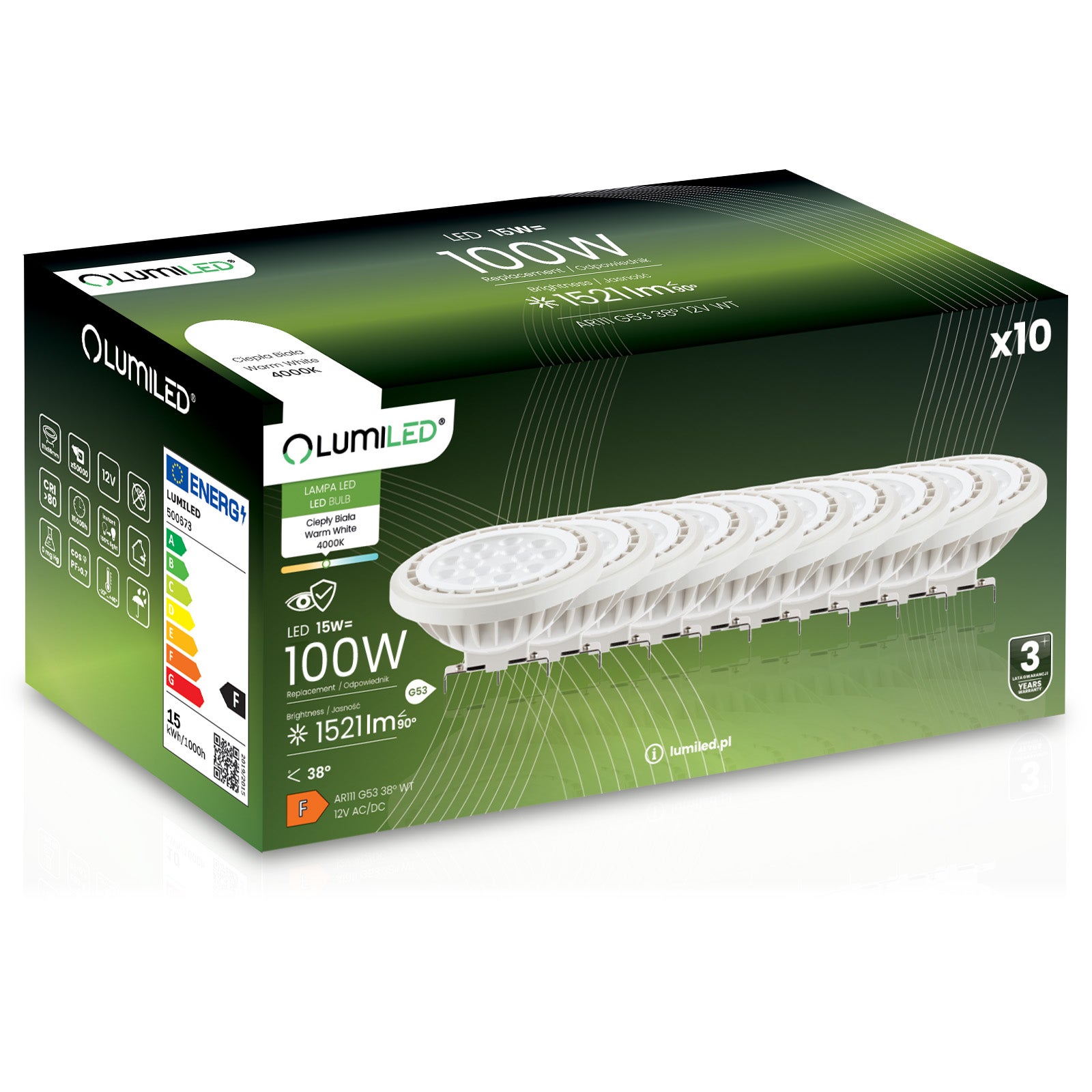 Żarówka LED Lumiled G53 Reflektor AR111 15W 1521lm 4000K Neutralna biel 38st 12V 10 szt.
