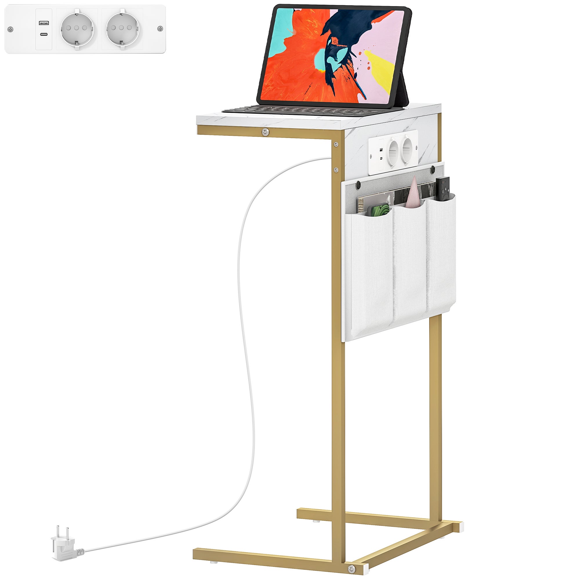 Stolik pomocniczy z efektem marmuru, z ładowarką USB i miejscem do przechowywania, 25,5 x 40 x 71 cm, kolor biały i złoty