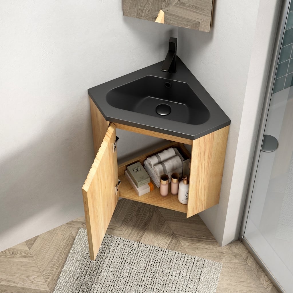 Szafka łazienkowa narożna, wisząca szafka pod umywalkę 38cm w kolorze dębu, czarna matowa umywalka z żywicy & cichy domyk do małego WC