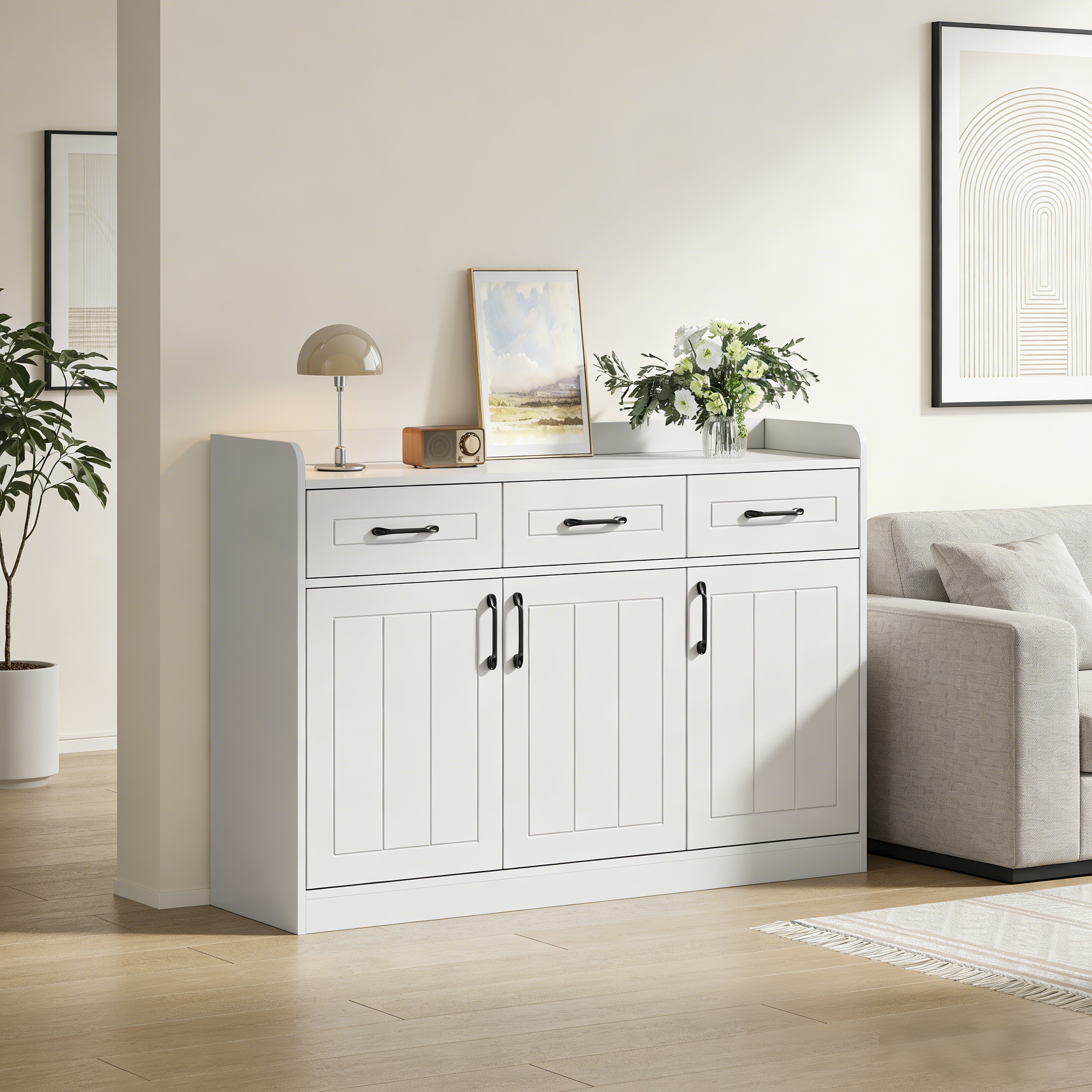 Biała komoda 120 x 35 x 80 cm, szafka z 3 szufladami i 3 ryflowanymi drzwiami, regulowane półki do salonu i jadalni