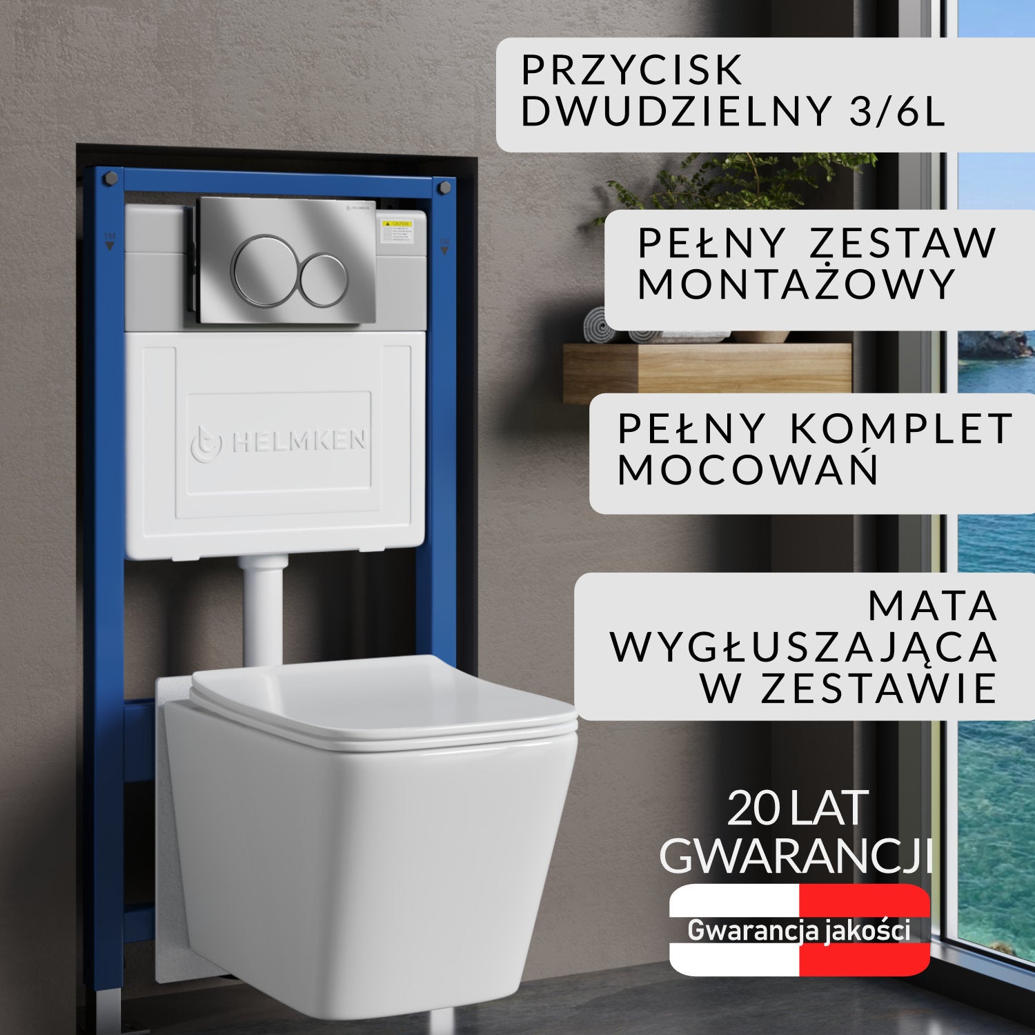 Stelaż podtynkowy WC Helmken 35120001 Zestaw 5w1: Przycisk Chrom, Miska bezkołnierzowa Rimless, Deska wolnoopadająca, Mata