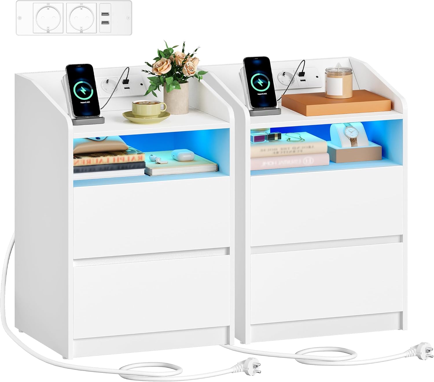 Stolik nocny z oświetleniem LED, szafka nocna z listwą zasilającą, zestaw 2 stolików bocznych z 2 szufladami,2 porty USB,35 x 40 x 58 cm, kolor biały