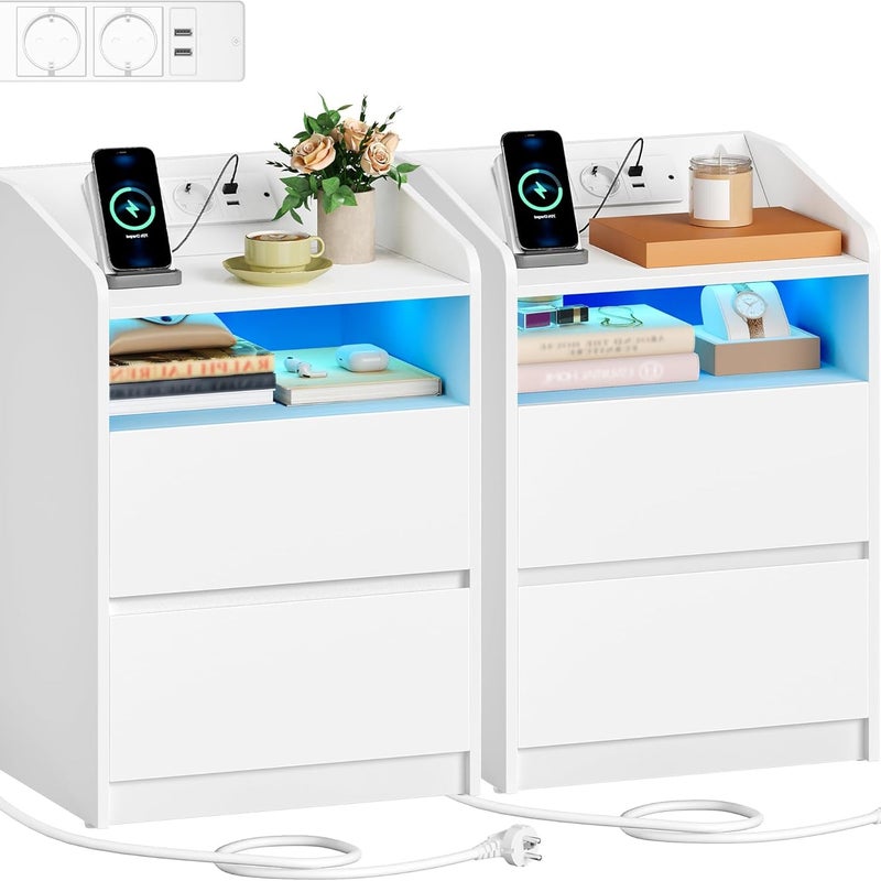 Stolik nocny z oświetleniem LED, szafka nocna z listwą zasilającą, zestaw 2 stolików bocznych z 2 szufladami,2 porty USB,35 x 40 x 58 cm, kolor biały