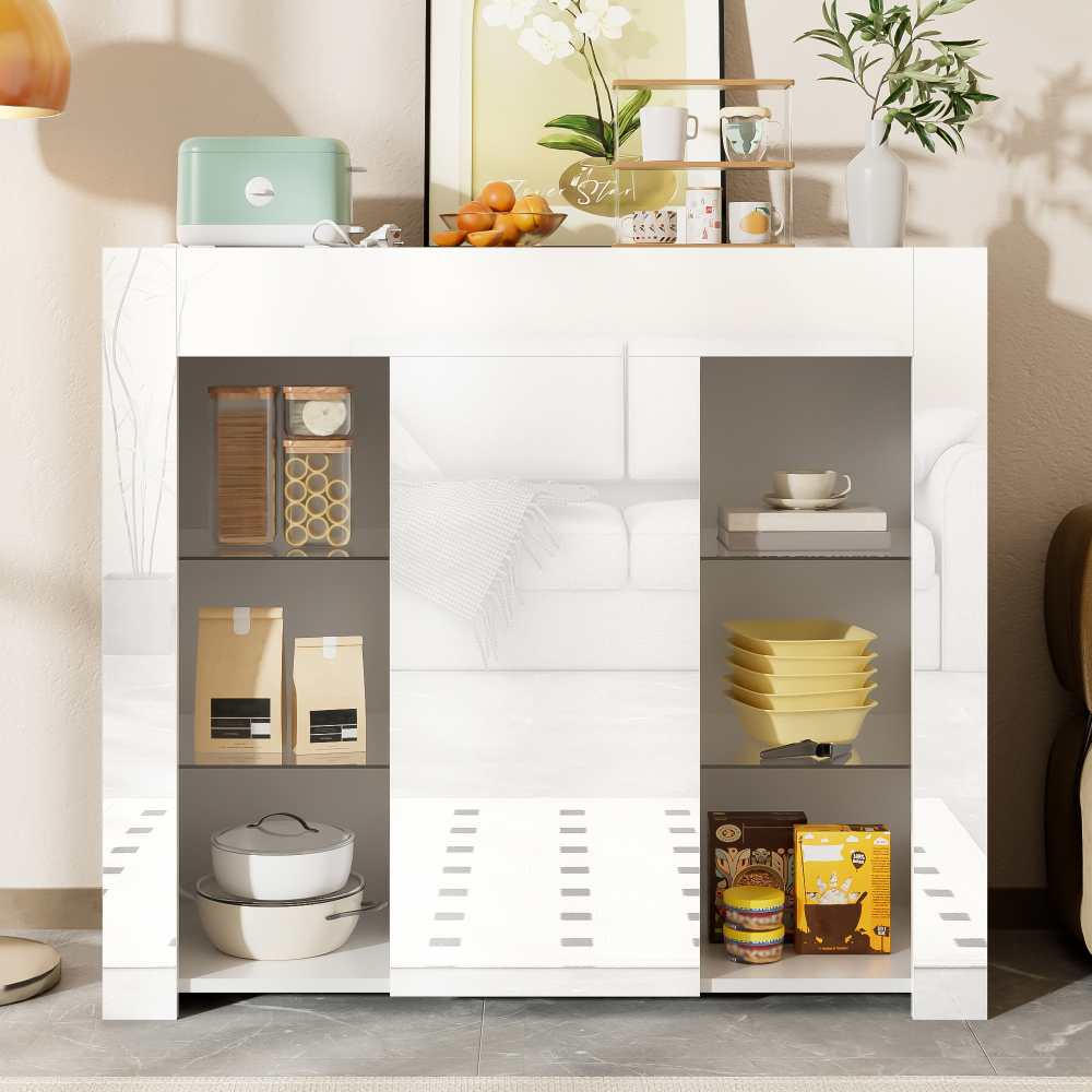 Nowoczesny bufet z błyszczącym wykończeniem i szklanymi półkami – kompaktowy i elegancki mebel do przechowywania 95x35x83 cm do salonu