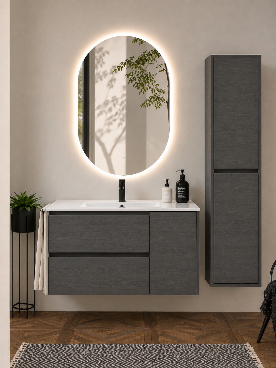 Szafka łazienkowa z umywalką ORIGENBATH ITACA bez lustra 100x45 cm grafitowy z kolumną