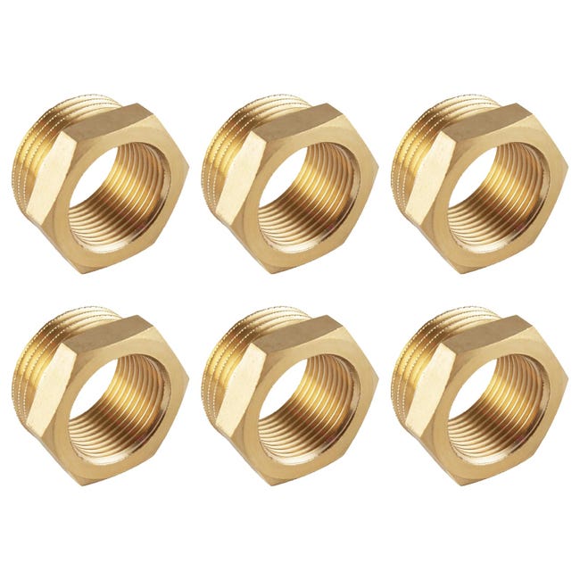 Zestaw 6 adapterów redukcyjnych, gwint wewnętrzny 1/2" na gwint zewnętrzny 3/4", gwint BSP, mosiężne adaptery sześciokątne.