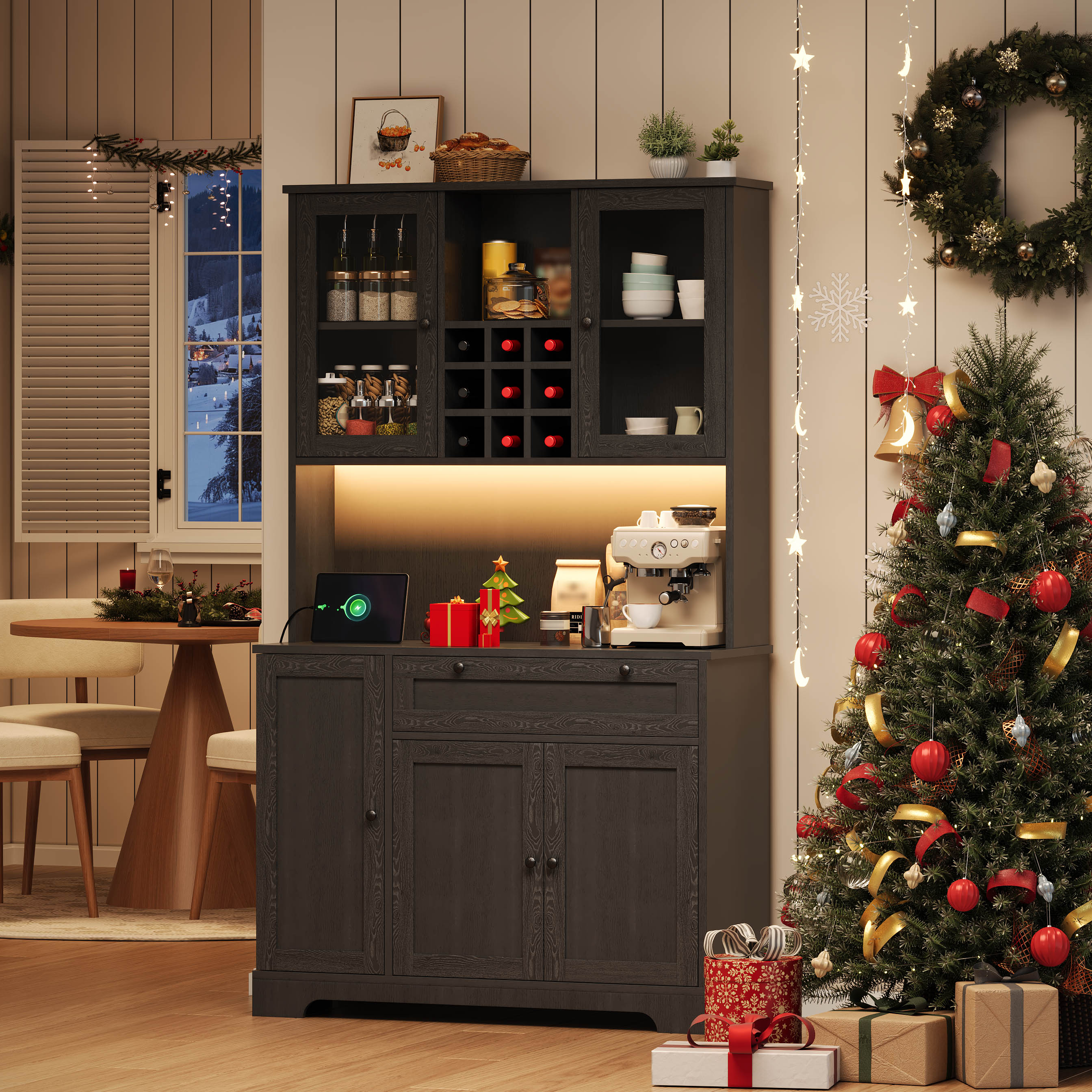 Kredens kuchenny z 5 drzwiami, 1 szufladą i regałem na wino - 105 x 40 x 180 cm - MDF - Diody LED i porty ładowania - Regulowane półki - Czarny