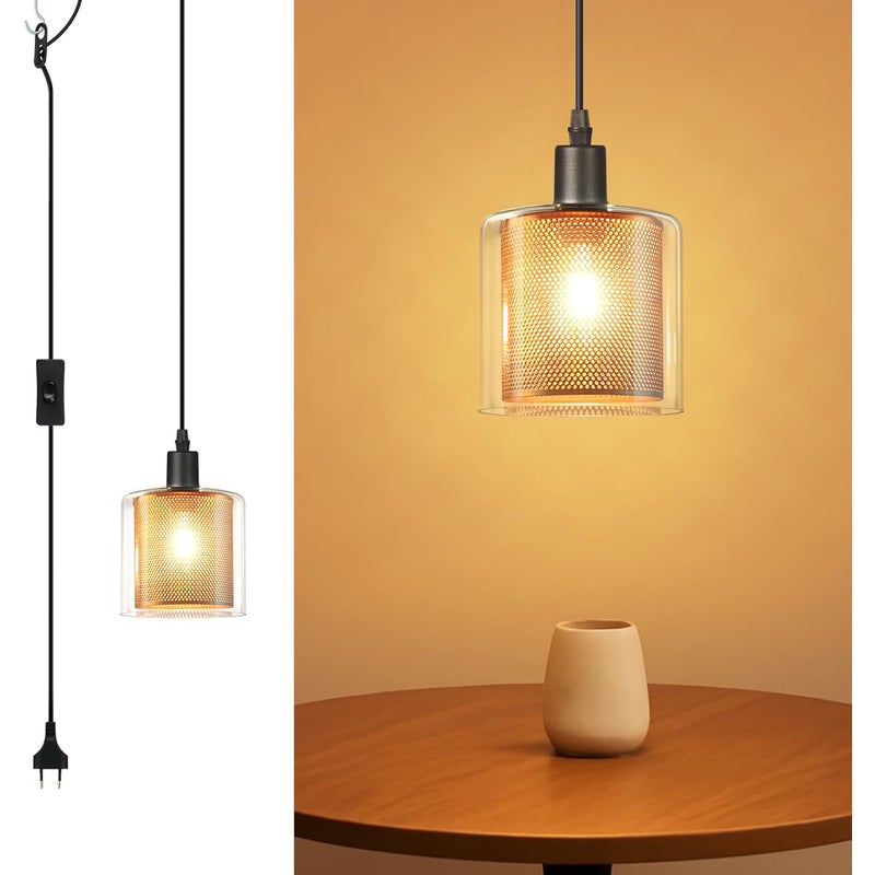 Lampa wisząca Nettlife Vintage 1-Bulb: złota szklana lampa wisząca z wtyczką i przełącznikiem, żarówka E14, 4,5-metrowy kabel metalowy w stylu retro