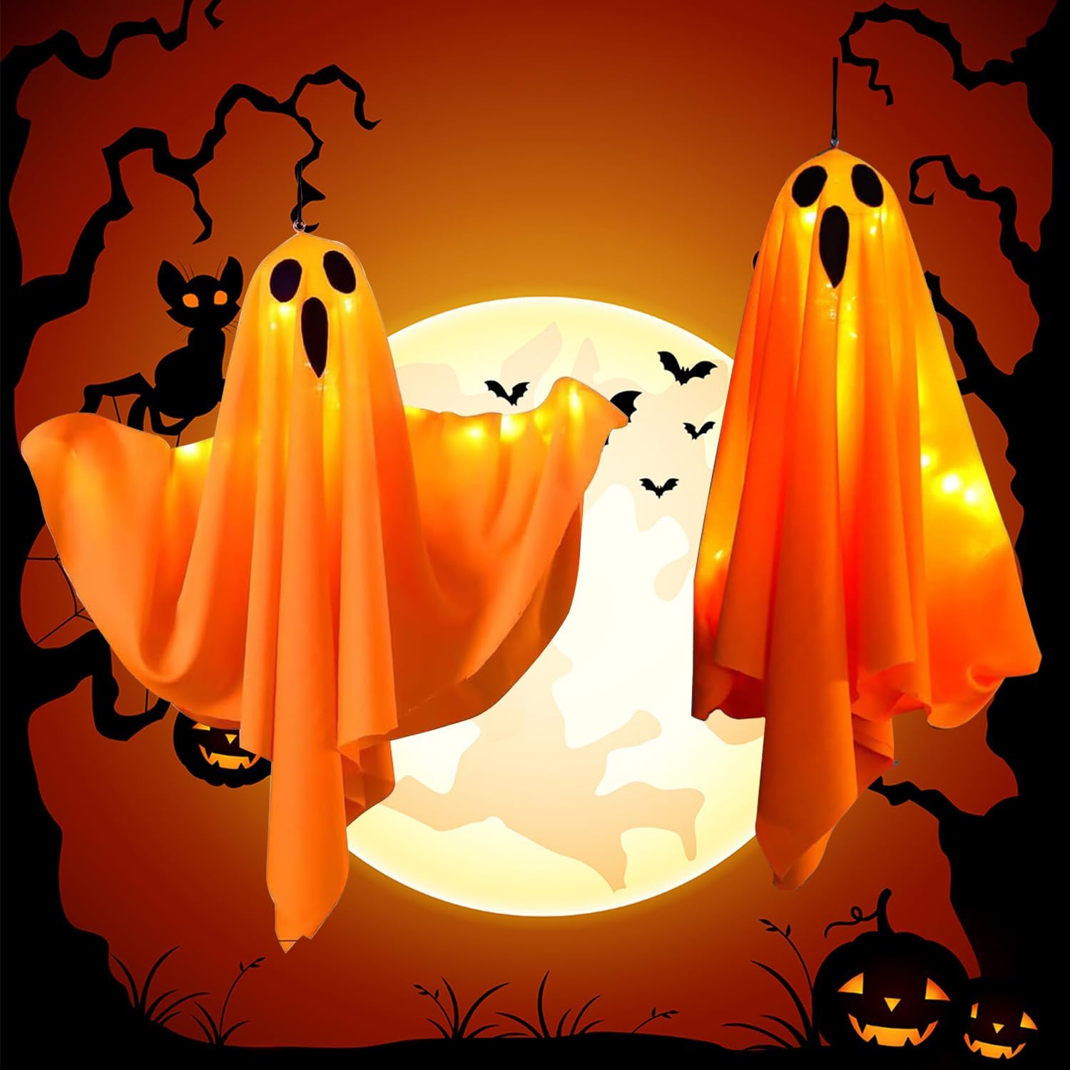2 Duszki na Halloween z Girlandą LED – Straszna Dekoracja Wewnętrzna/Zewnętrzna, 3 Tryby Świecenia (Pomarańczowy)
