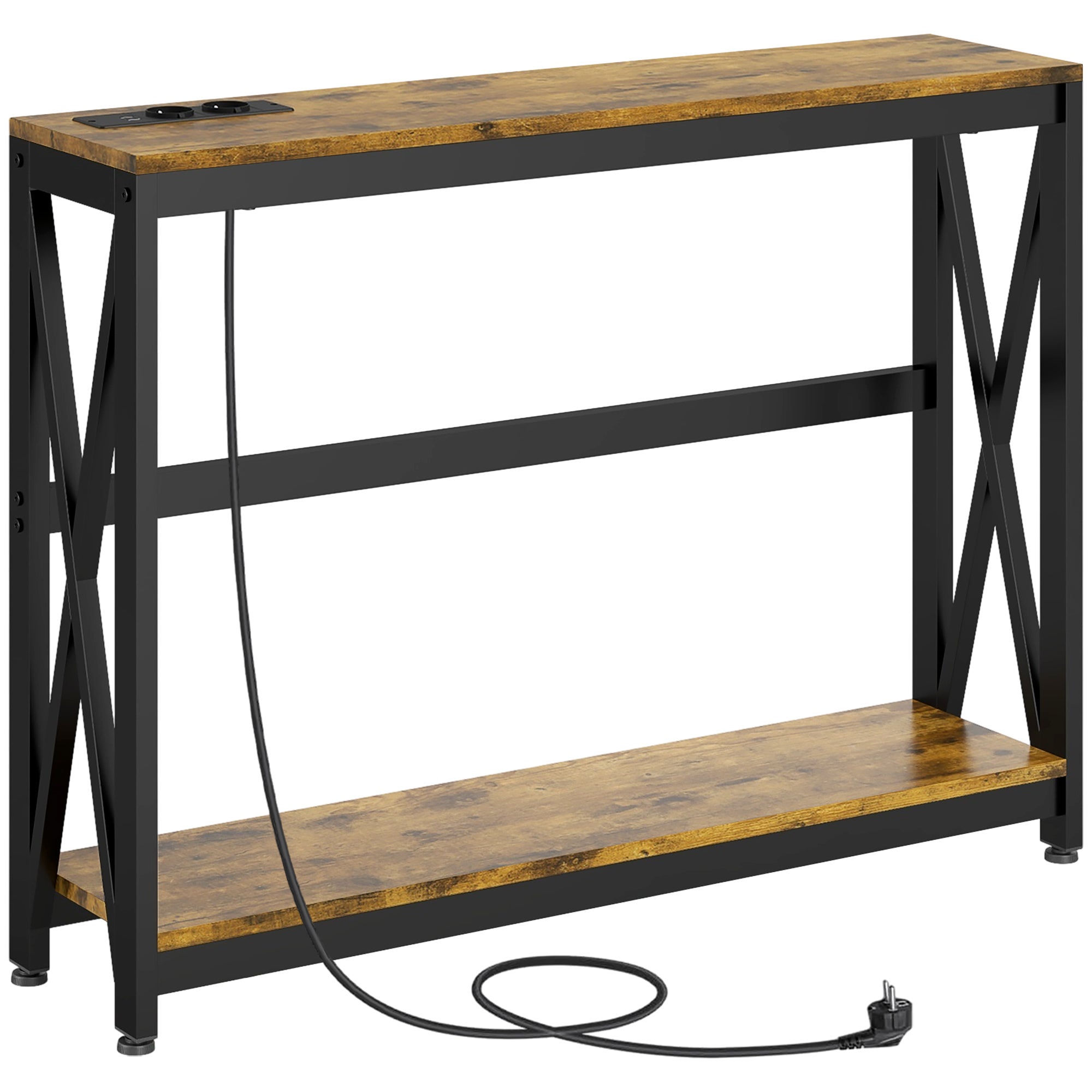 Konsola w stylu industrialnym do przedpokoju z gniazdkami elektrycznymi i USB, drewno i stal, 100 x 24 x 75 cm, brązowa