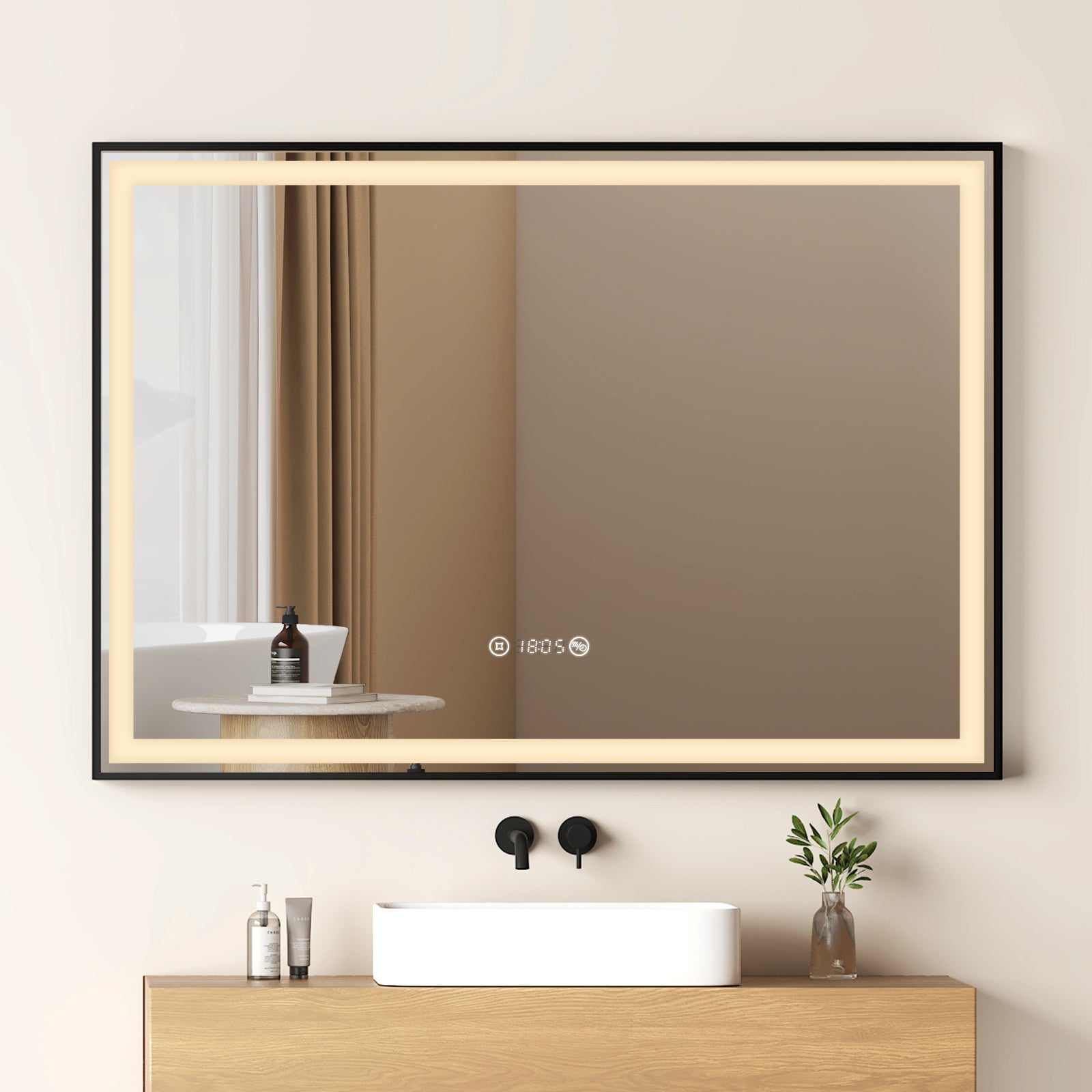 EMKE Lustro łazienkowe z oświetleniem LED 100x70 cm, z 4300K, możliwość ściemniania, przeciwmgielne, zegar, funkcja pamięci, Czarna ramka