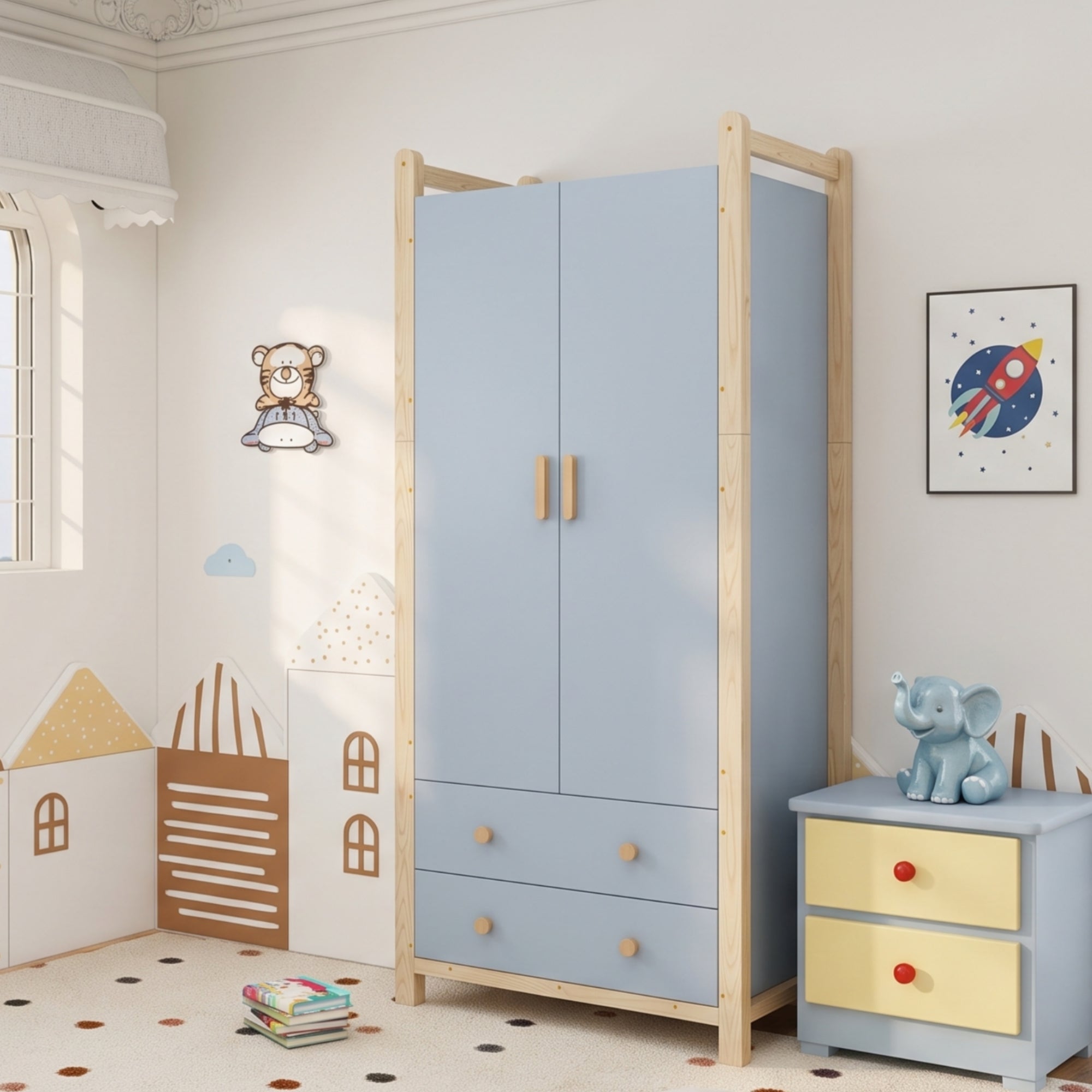 Szafa 2-drzwiowa z drążkiem na wieszaki, półką i 2 szufladami - Drewno lite i MDF - 90 x 45 x 180 cm - Kolor niebieski i naturalne drewno