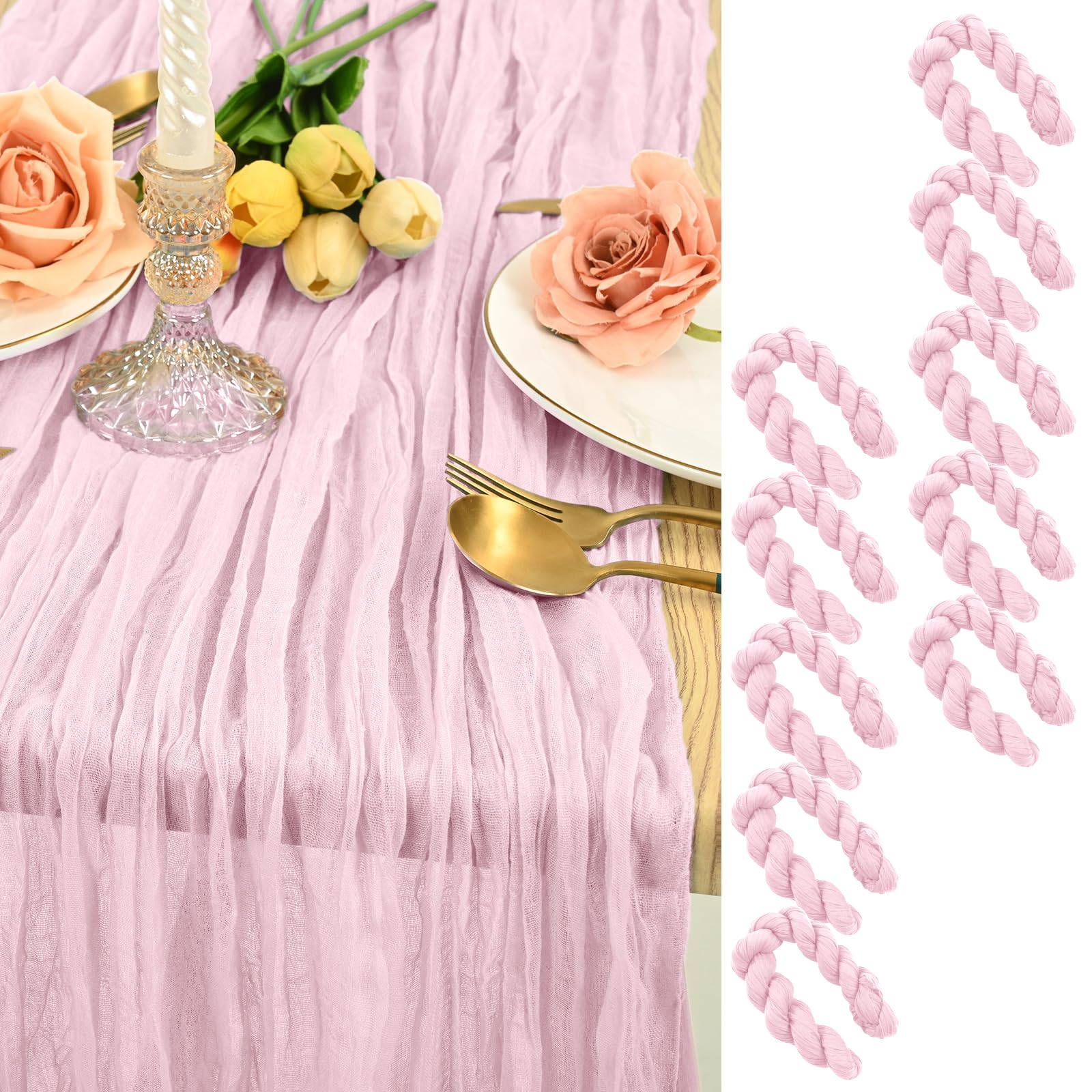 Podkładki z pogniecionej gazy, w stylu rustykalnym, idealne na wesele lub baby shower, jasnoróżowe, 90 x 400 cm, zestaw 10 sztuk.