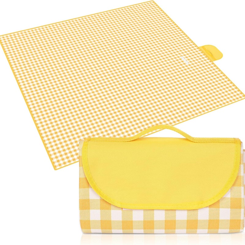 Koc piknikowy 200×150CM (żółto-biała kratka), składany koc piknikowy, wodoodporny, idealny do parków, na wędrówki,