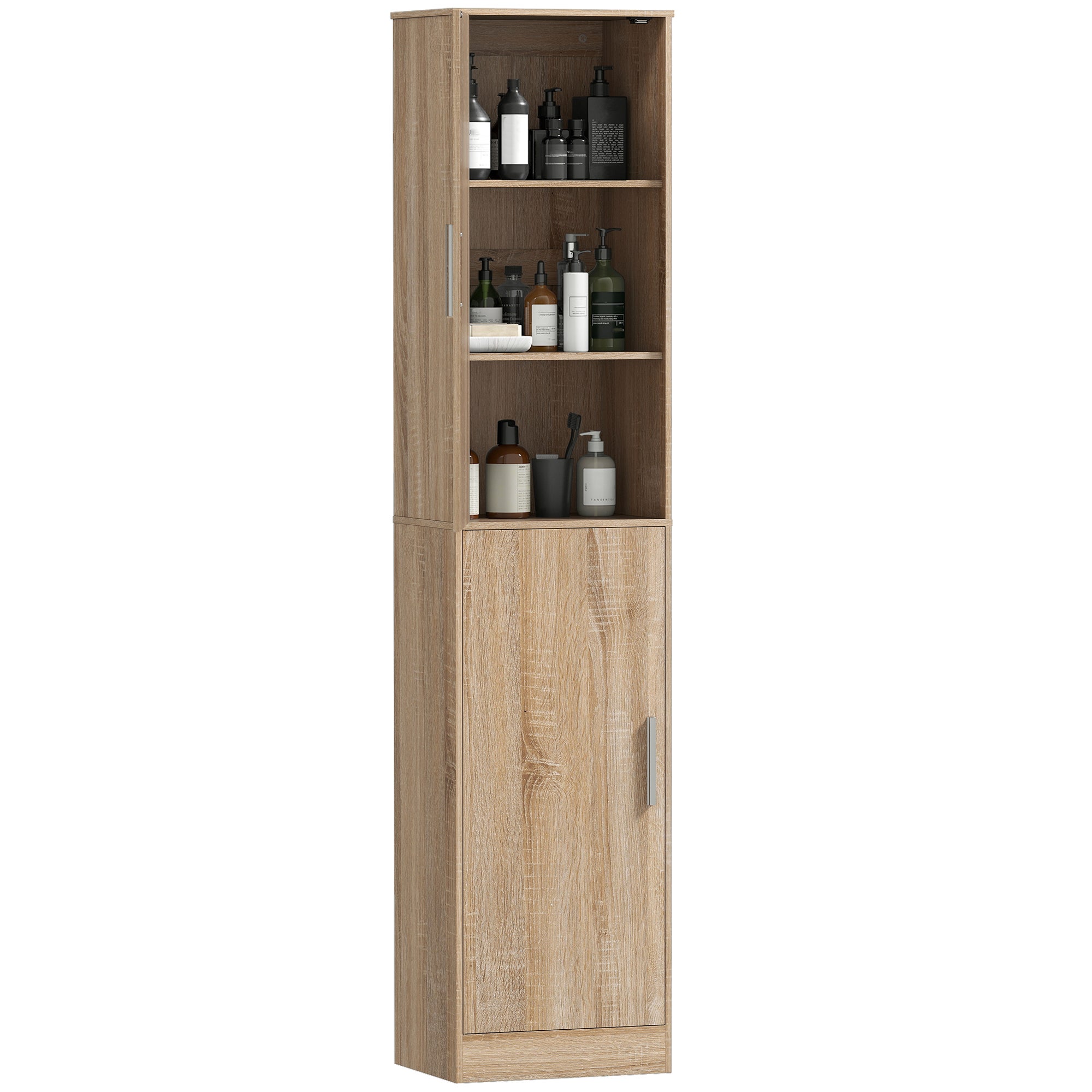 Szafka łazienkowa kolumnowa z 2 drzwiami i 4 regulowanymi półkami, 40 x 35 x 180 cm, drewno naturalne