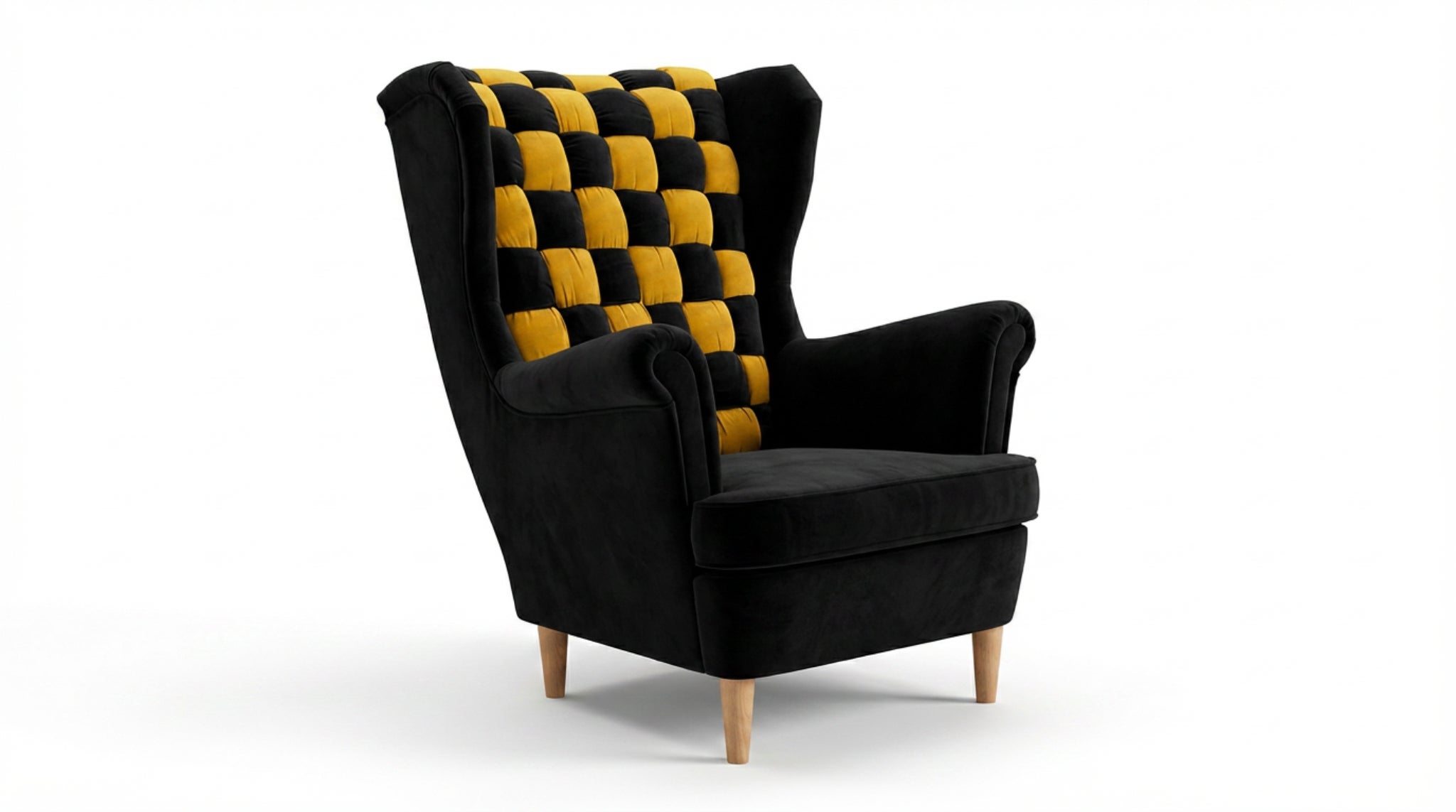 Fotel uszak skandynawski czarny żółty welur design Carol Duo Family Meble