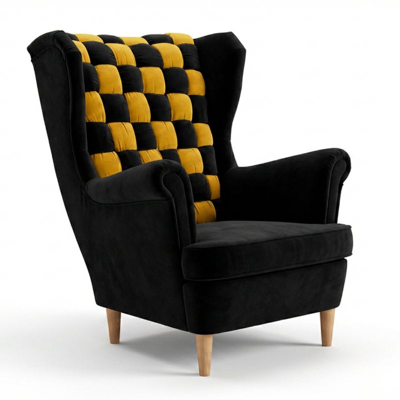 Fotel uszak skandynawski czarny żółty welur design Carol Duo Family Meble