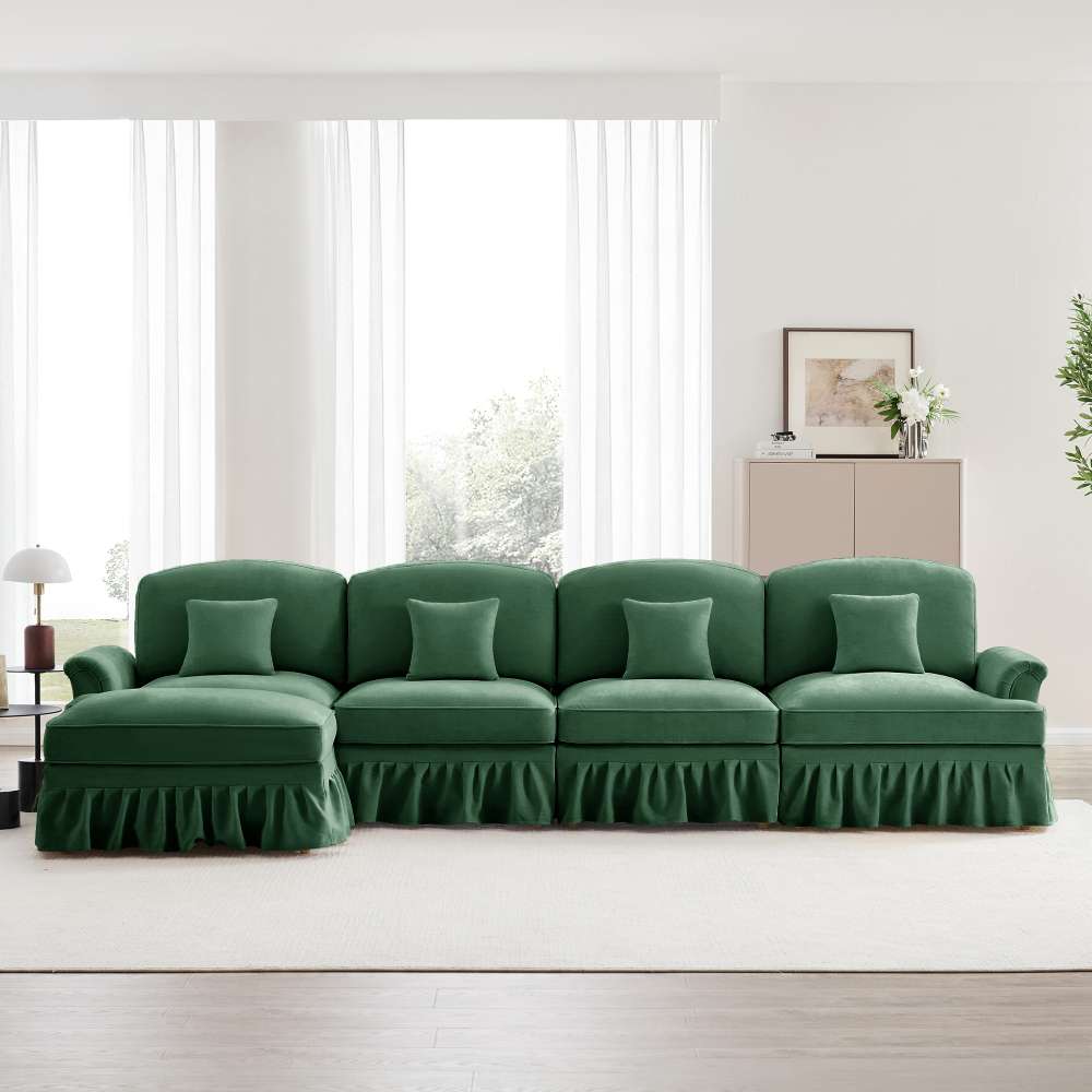 Modułowa sofa welurowa w kształcie litery L, 4-osobowa, z wyjmowanym siedziskiem i ruchomym podnóżkiem, wygodna do salonu