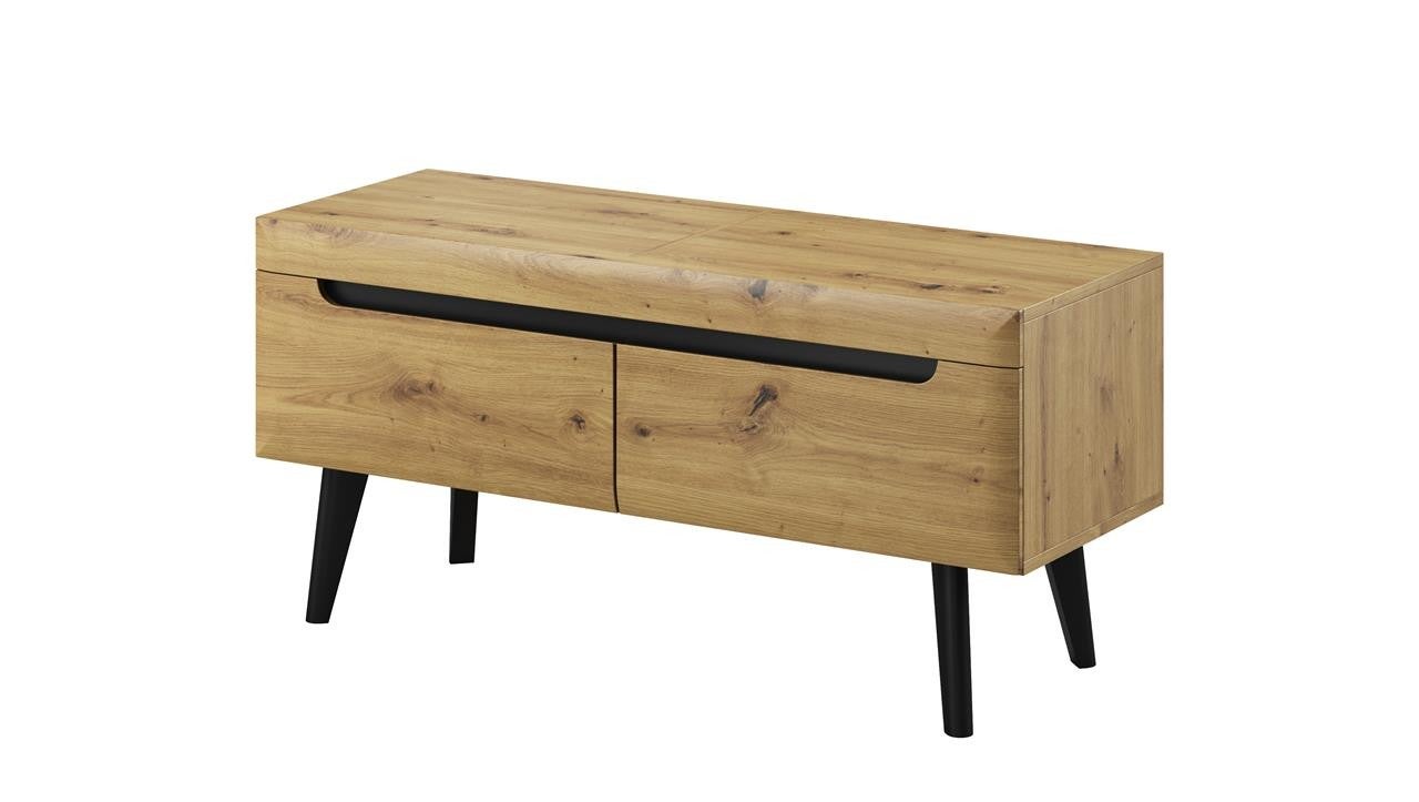 Szafka RTV NODIS 107 cm dąb Artisan + czarne akcenty, 2 szuflady, na wysokich drewnianych nogach