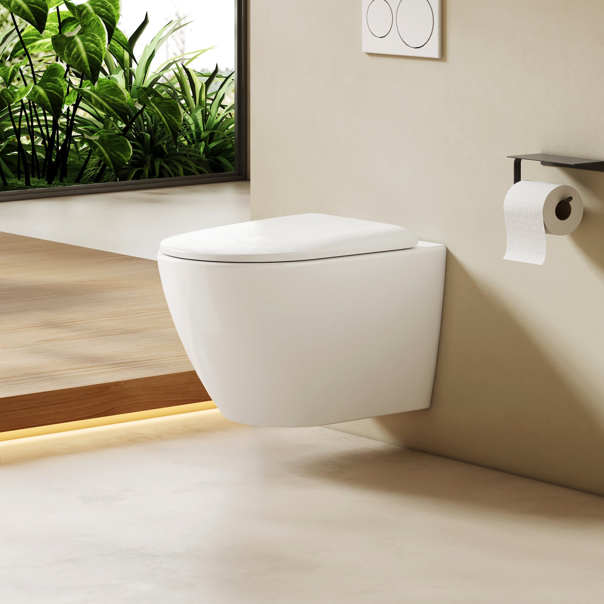 EMKE Miska WC Wisząca Bezkołnierzowa 49 x 37 cm – Deska Soft-Close Wypinana, Ceramika Biały Połysk