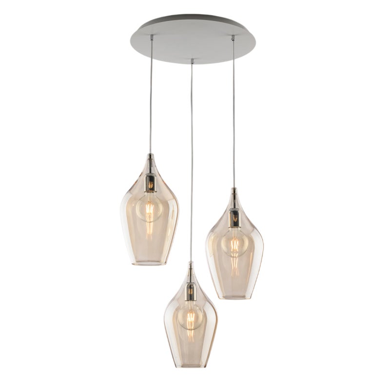 Sospensione in ferro con vetri ambra pyrex 3 luci H.41 - MAX 141 - Ø50