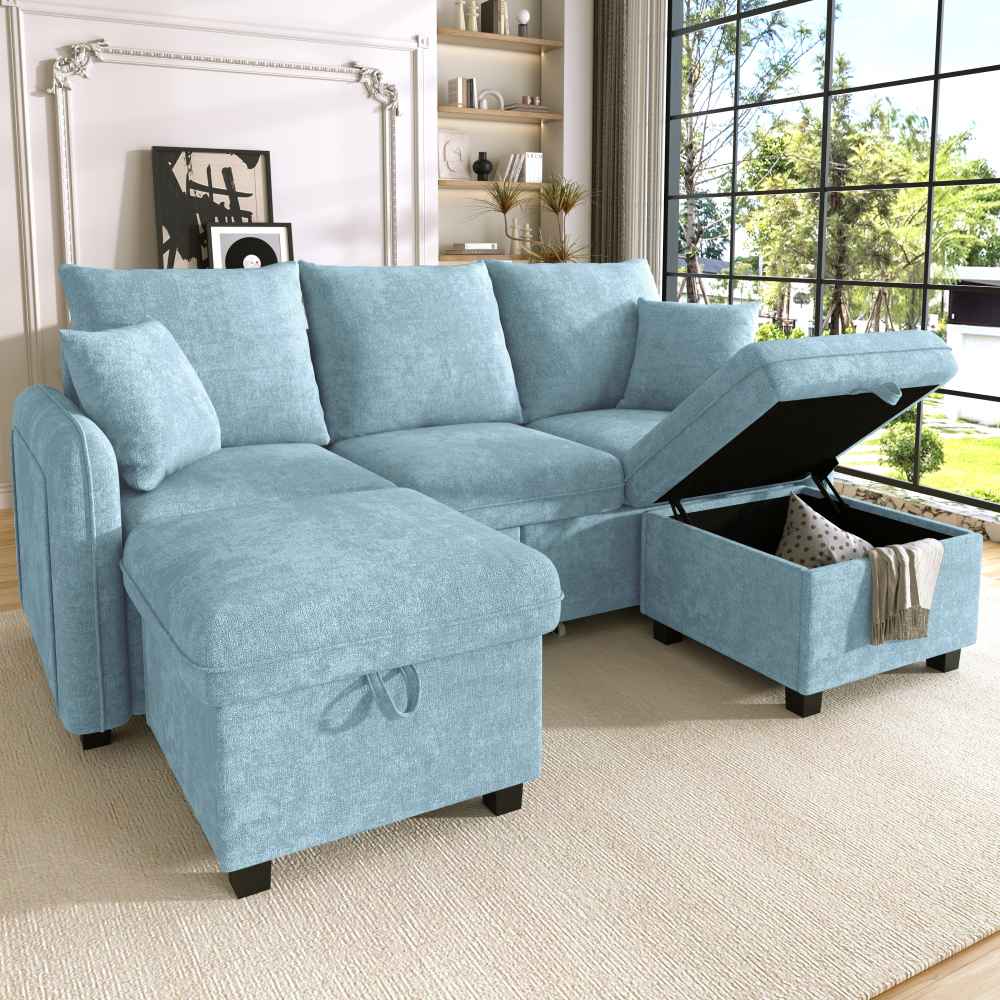Wielofunkcyjna sofa narożna w kształcie litery U, 3-osobowa, z pojemnikiem na pościel – szuflady + pufa ze schowkiem,kanina prążkowana