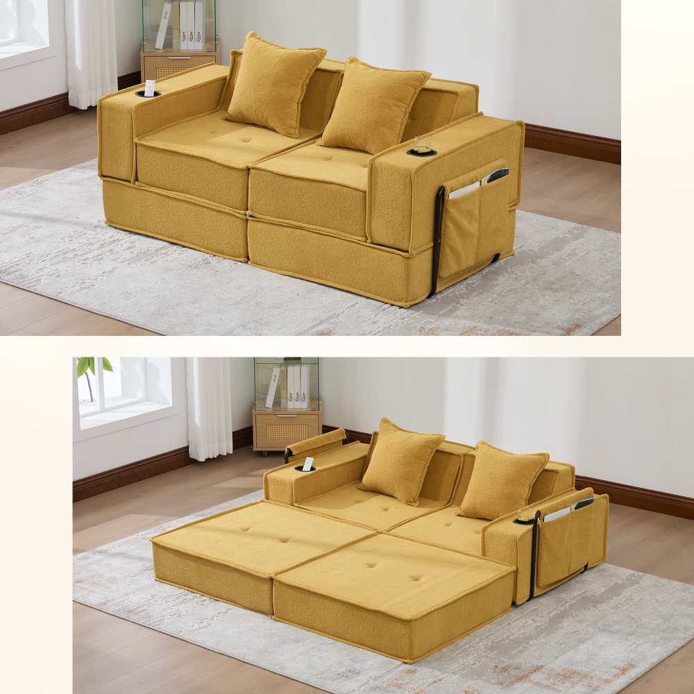 Nowoczesna sofa dwuosobowa z funkcją spania dla 2 osób, wygodne poduszki, ozdobny puf z bocznym schowkiem i uchwytami na kubki