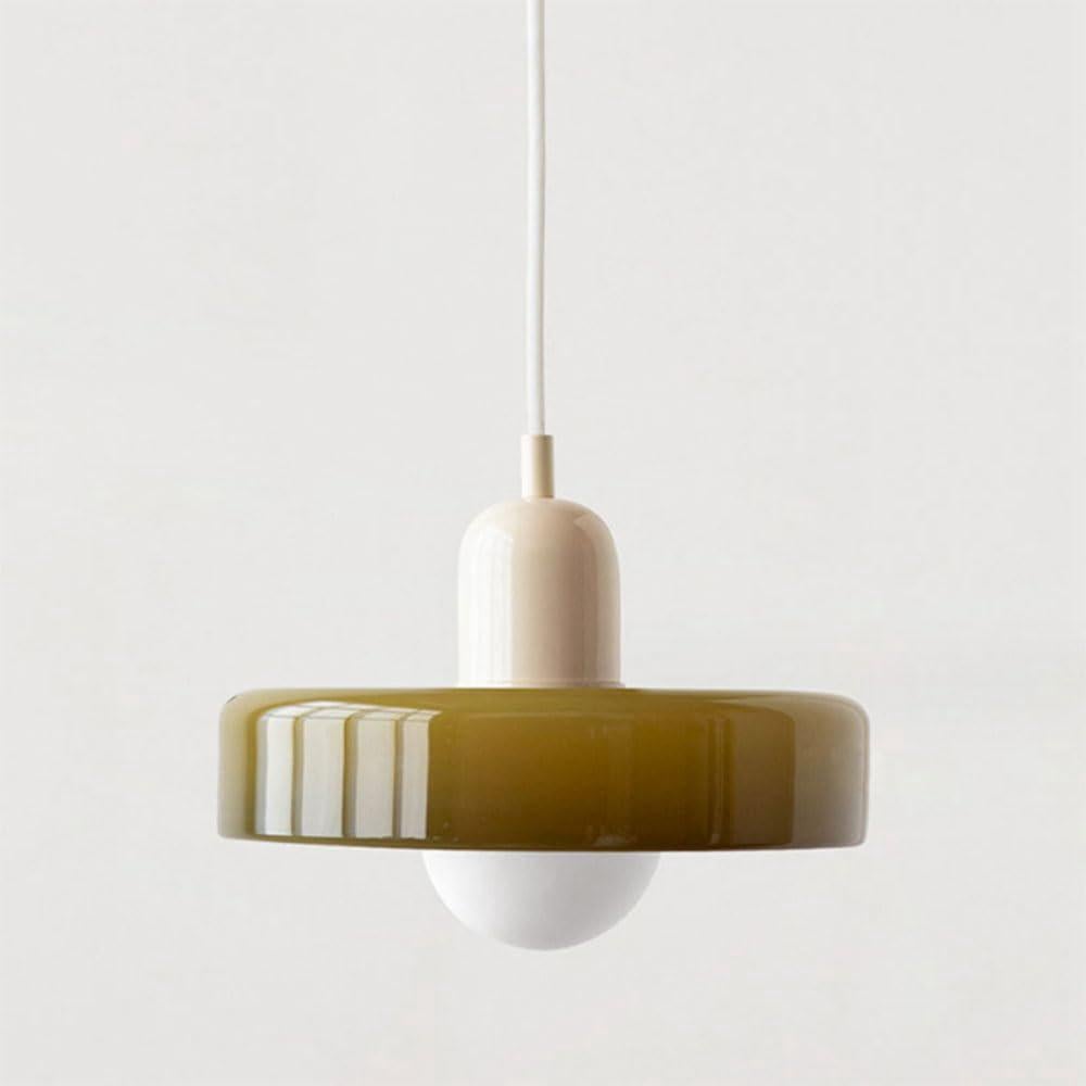 Żyrandol Bauhaus, klosz ze szkła witrażowego, lampa trójkolorowa, szkło zielone 25 cm + lampa w kolorze kremowym.