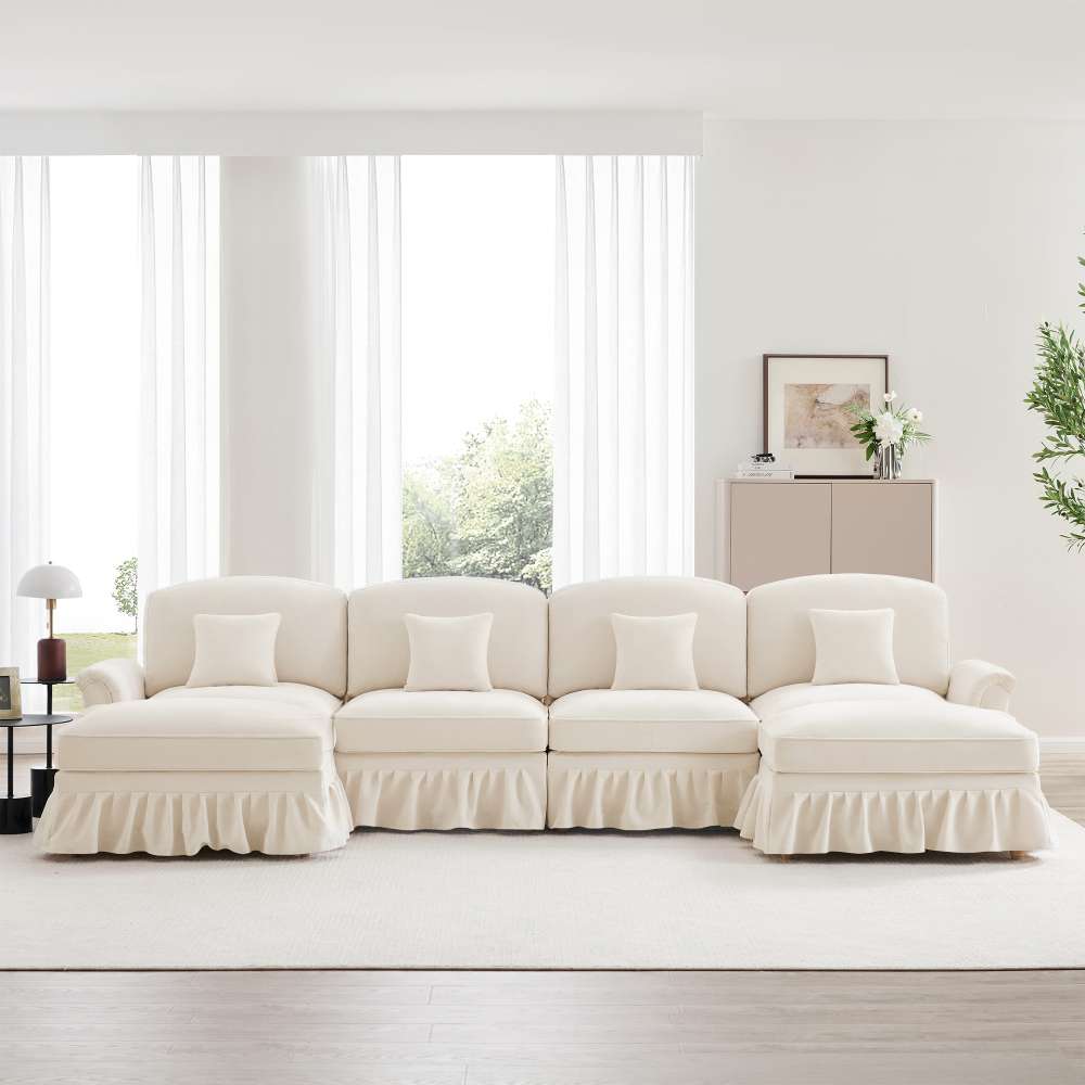 Modułowa sofa w kształcie U dla 4 osób, miękka tkanina szenilowa, zdejmowany pokrowiec, wysuwane podłokietniki, smukłe nóżki, – rozkładana, 2 modele