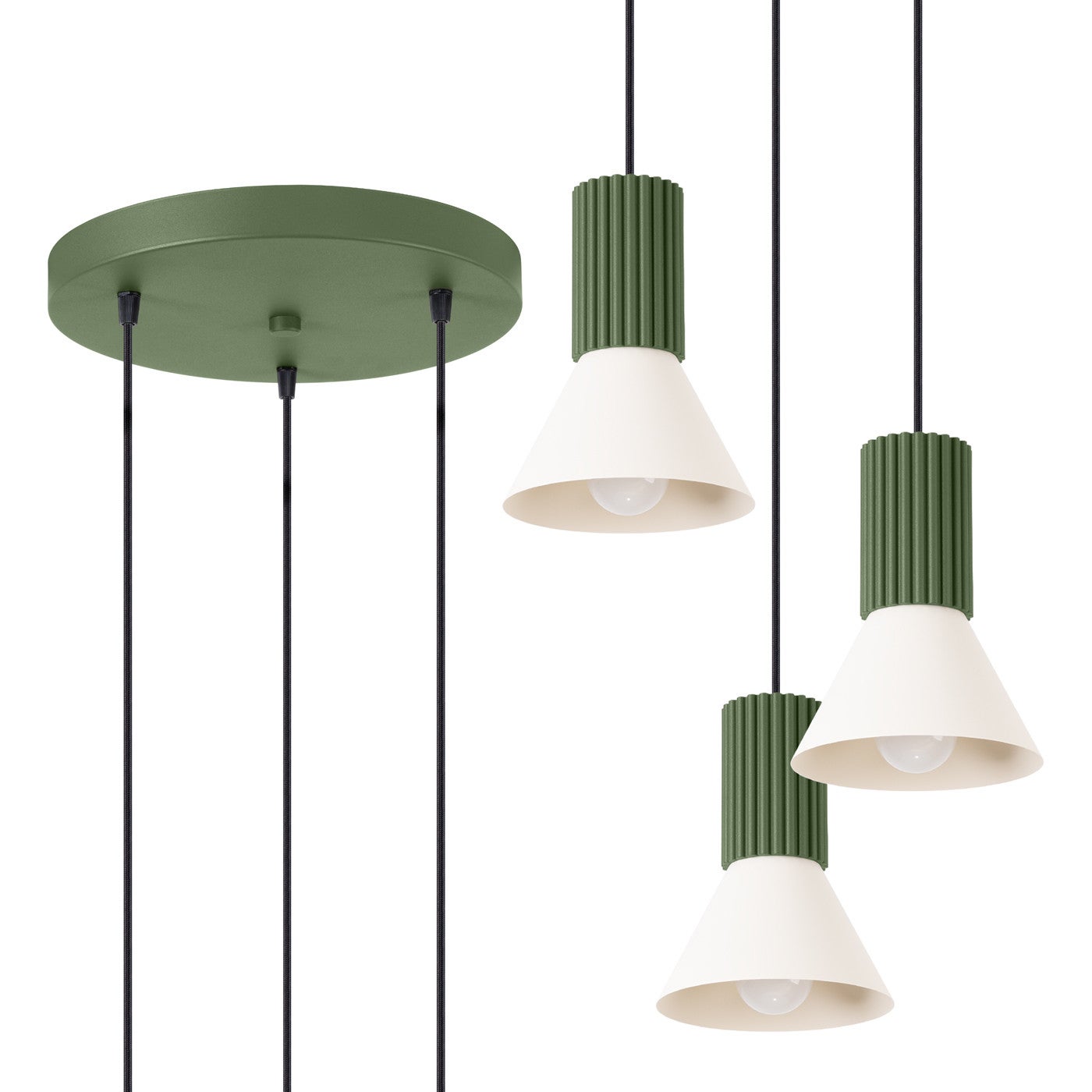 Lampa wisząca nowoczesna potrójna zielona oliwkowa beżowe stożkowe klosze ryflowana 3xE14 10W ESTRIA Sollux Lighting